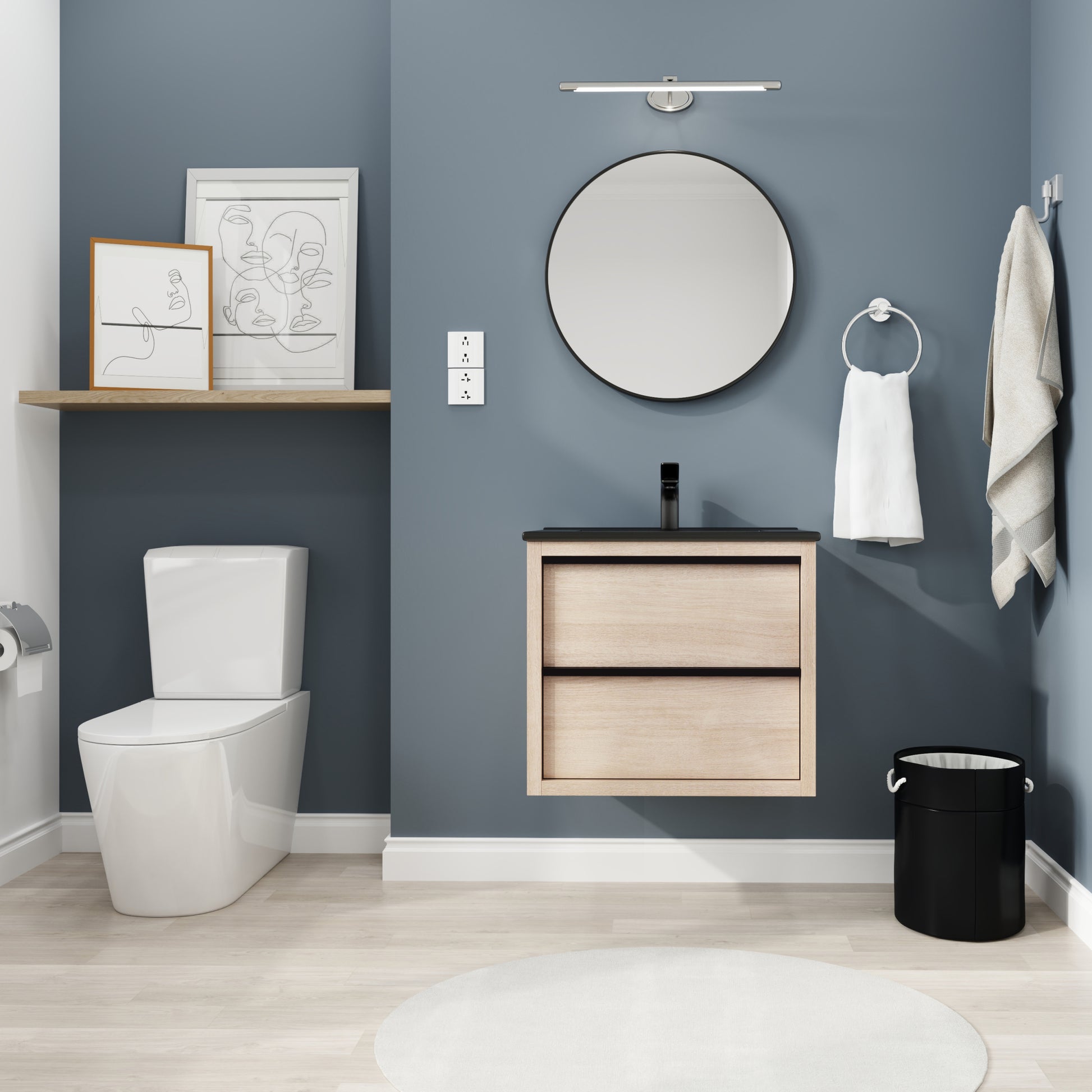 24" Bathroom Vanity, With Black Ceramic Sink And 2 2-plain light oak-bathroom-wall