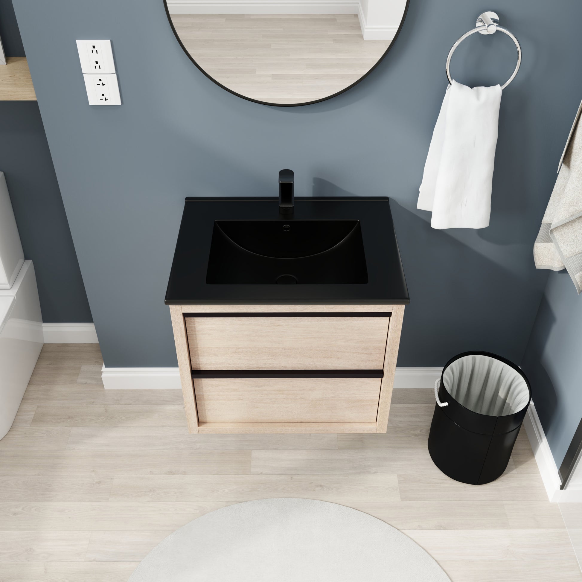 24" Bathroom Vanity, With Black Ceramic Sink And 2 2-plain light oak-bathroom-wall