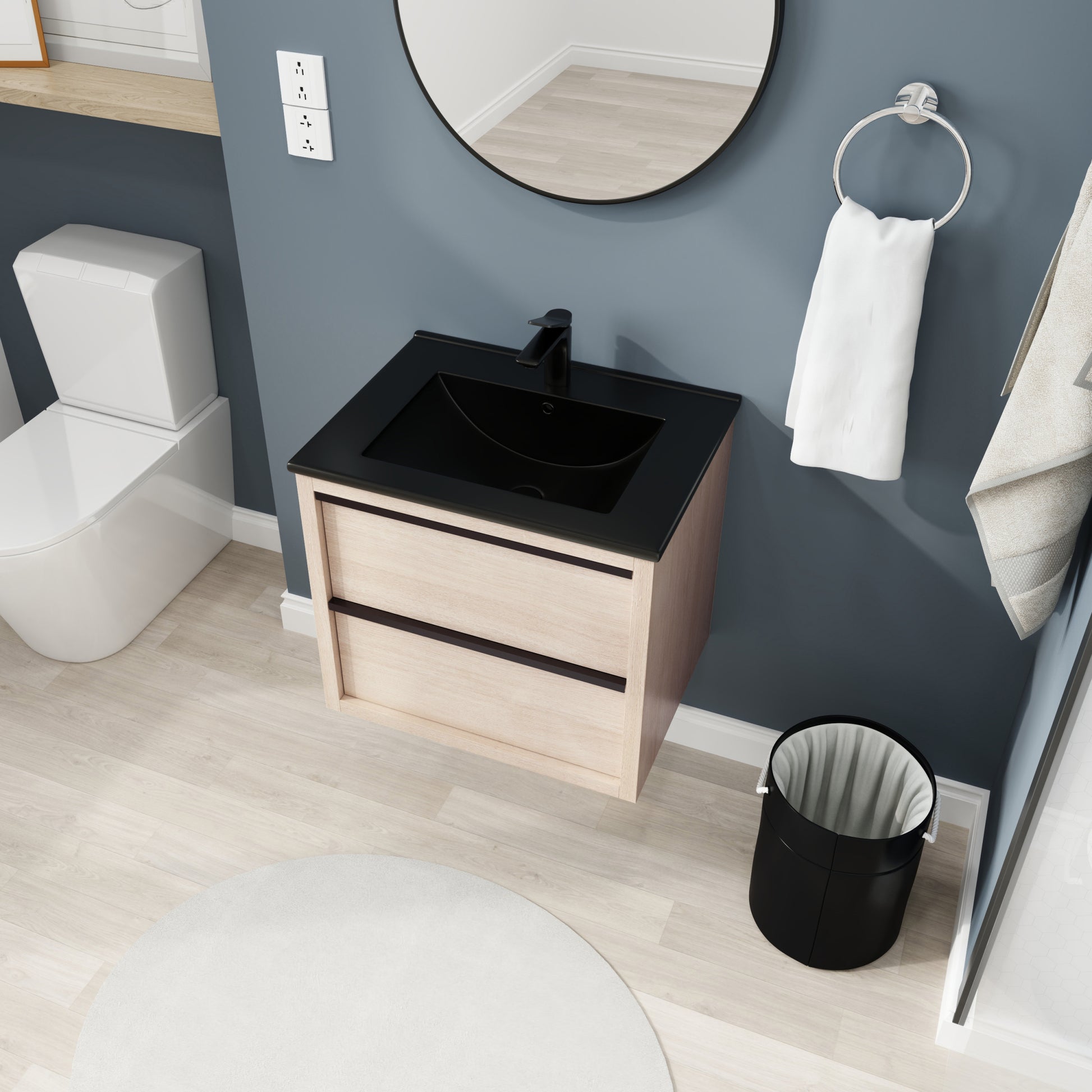 24" Bathroom Vanity, With Black Ceramic Sink And 2 2-plain light oak-bathroom-wall