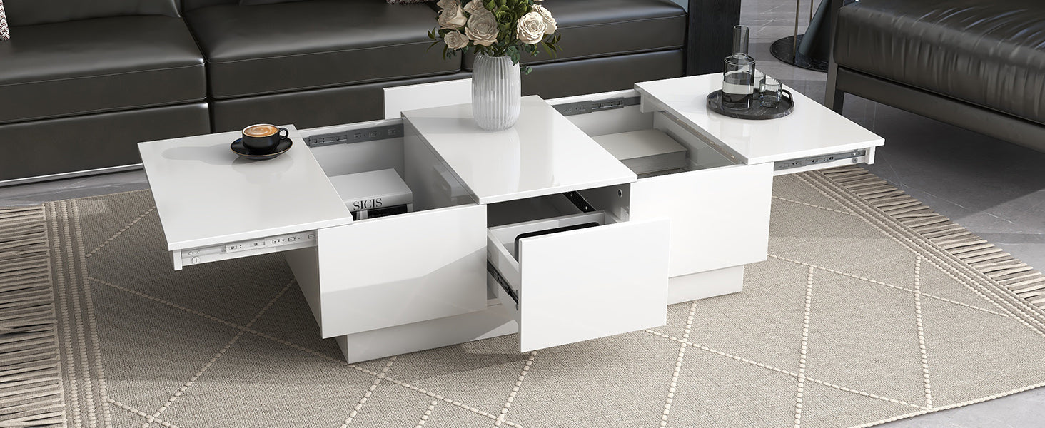 Coffee Table With 2 Large Hidden Storage Compartment, Extendable Cocktail Table With 2 Drawers, High Gloss Center Table With Sliding Top For Living Room, 39.3"X21.6", White White Soft Close Drawers Primary Living Space Modern Freestanding Rectangular