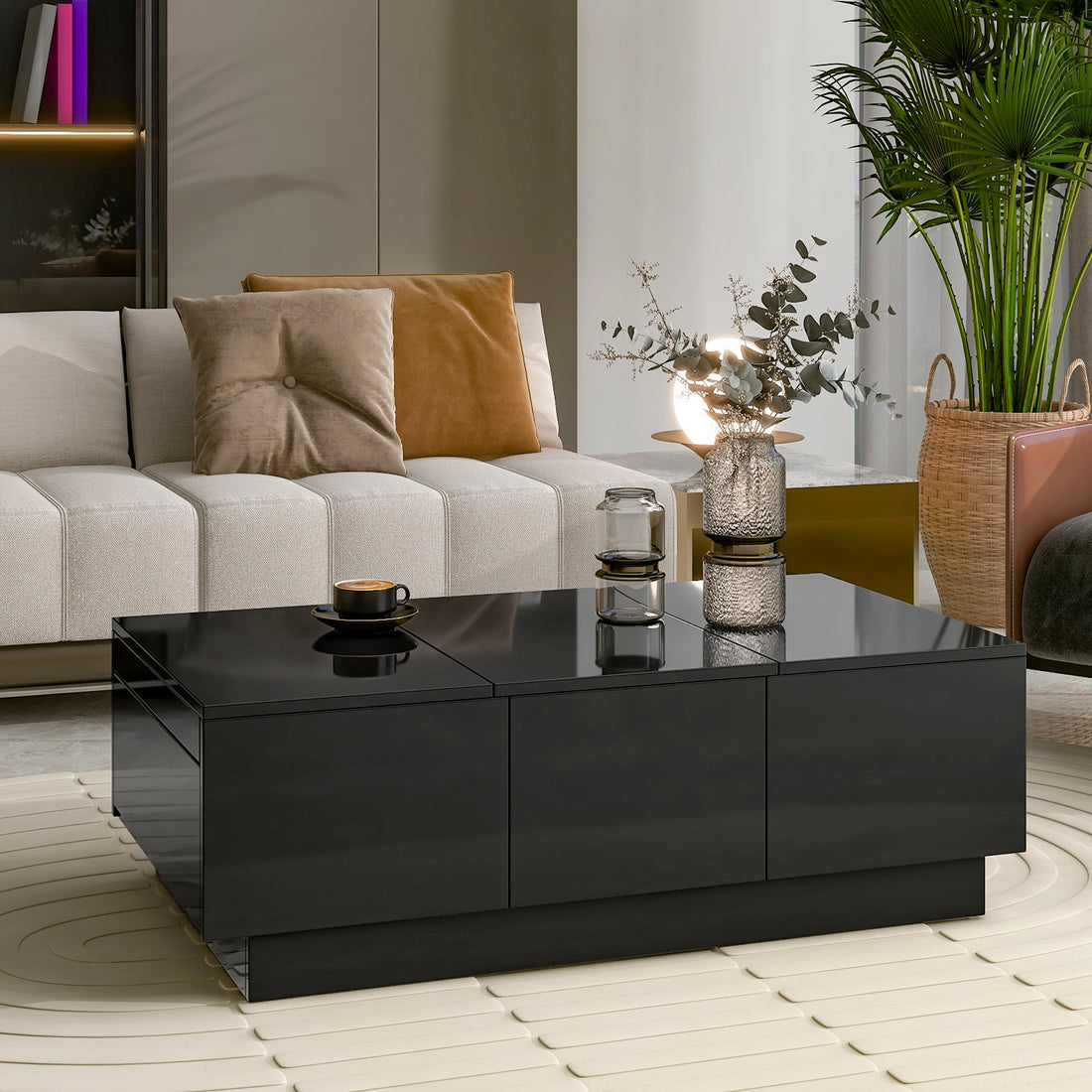 Coffee Table With 2 Large Hidden Storage Compartment, Extendable Cocktail Table With 2 Drawers, High Gloss Center Table With Sliding Top For Living Room, 39.3"X21.6", Black Black Soft Close Drawers Primary Living Space Contemporary Freestanding