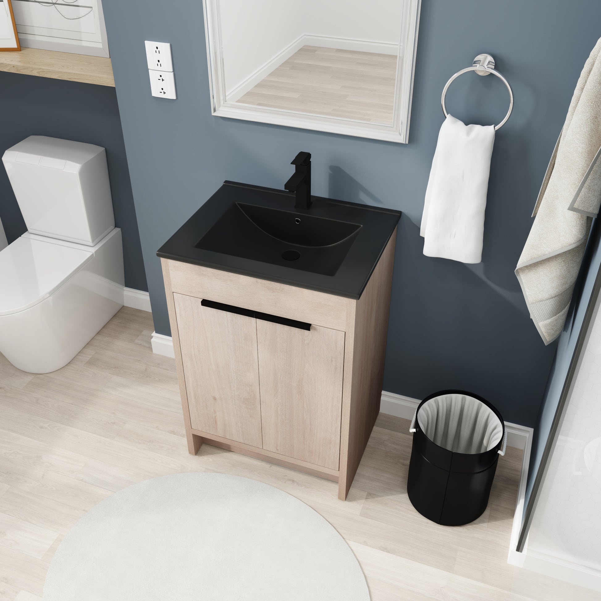 24 Inch Freestanding Bathroom Vanity With Black Ceramic Sink & 2 Soft Close Cabinet Doors Bvb02424Plo G Bl9060Bk ,W1286S00016 Plain Light Oak 2 Bathroom Freestanding Modern Plywood