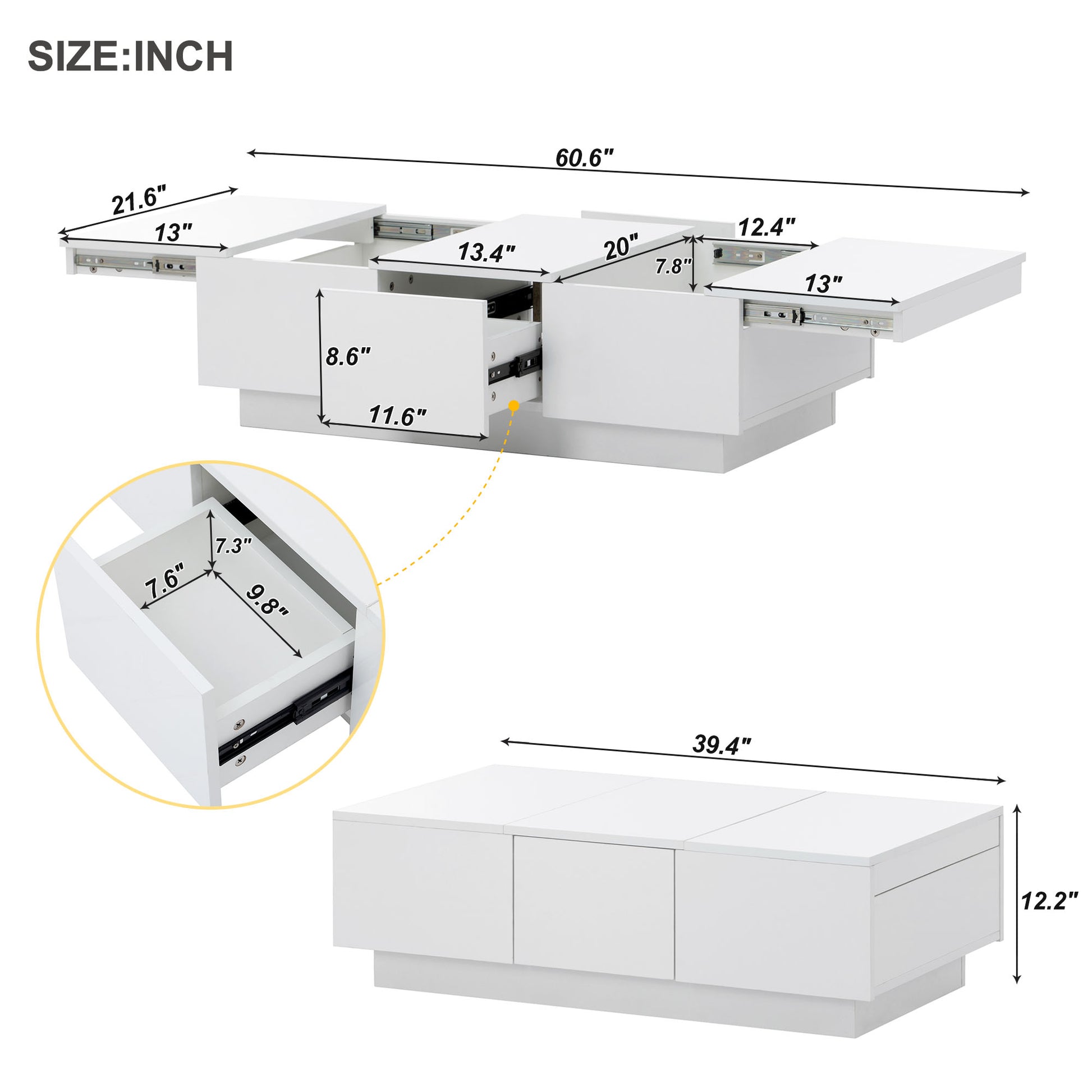 Coffee Table With 2 Large Hidden Storage Compartment, Extendable Cocktail Table With 2 Drawers, High Gloss Center Table With Sliding Top For Living Room, 39.3"X21.6", White White Soft Close Drawers Primary Living Space Modern Freestanding Rectangular