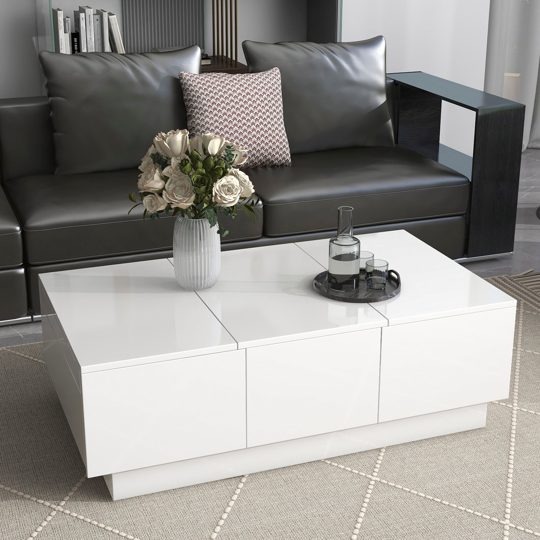 Coffee Table With 2 Large Hidden Storage Compartment, Extendable Cocktail Table With 2 Drawers, High Gloss Center Table With Sliding Top For Living Room, 39.3"X21.6", White White Soft Close Drawers Primary Living Space Modern Freestanding Rectangular