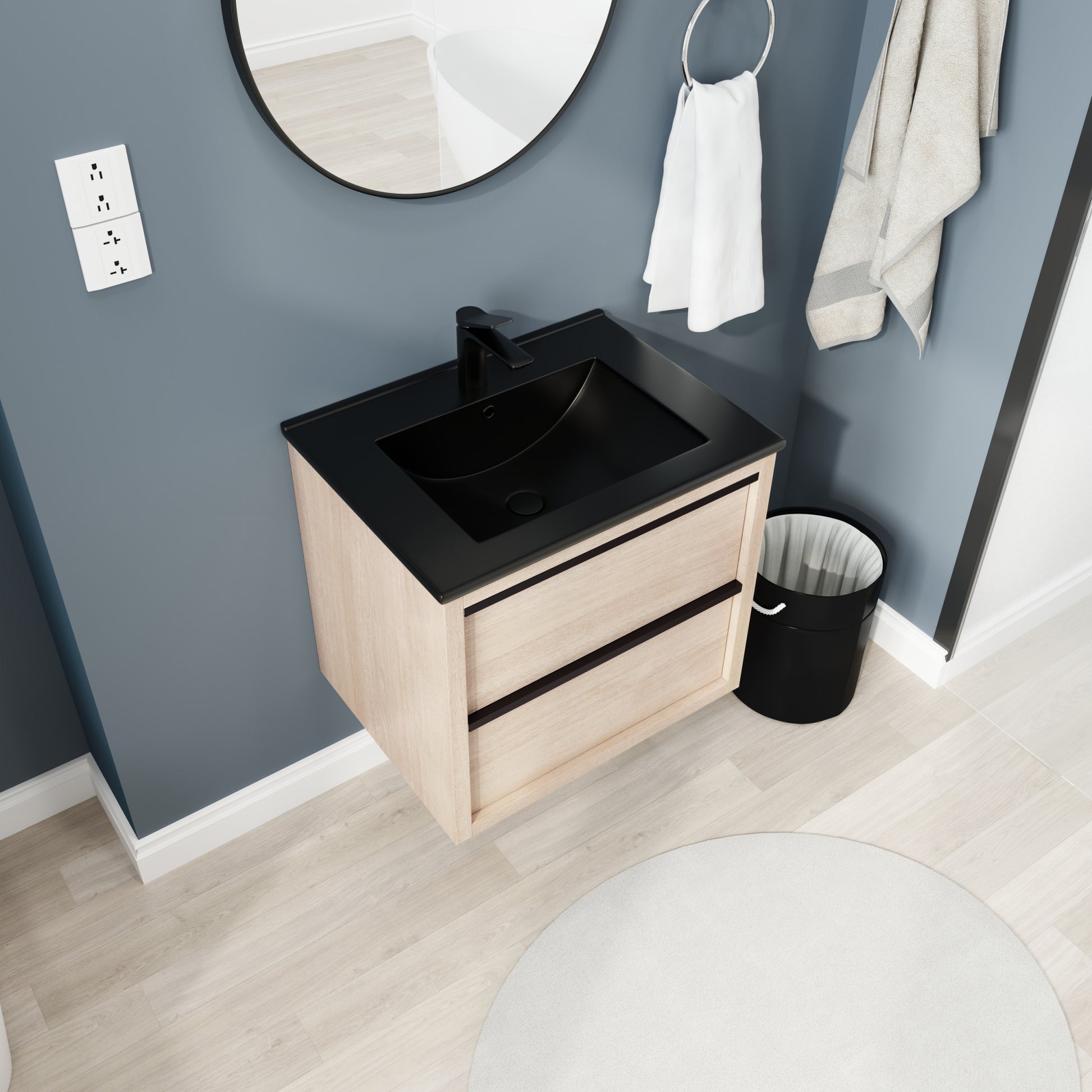 24" Bathroom Vanity, With Black Ceramic Sink And 2 2-plain light oak-bathroom-wall