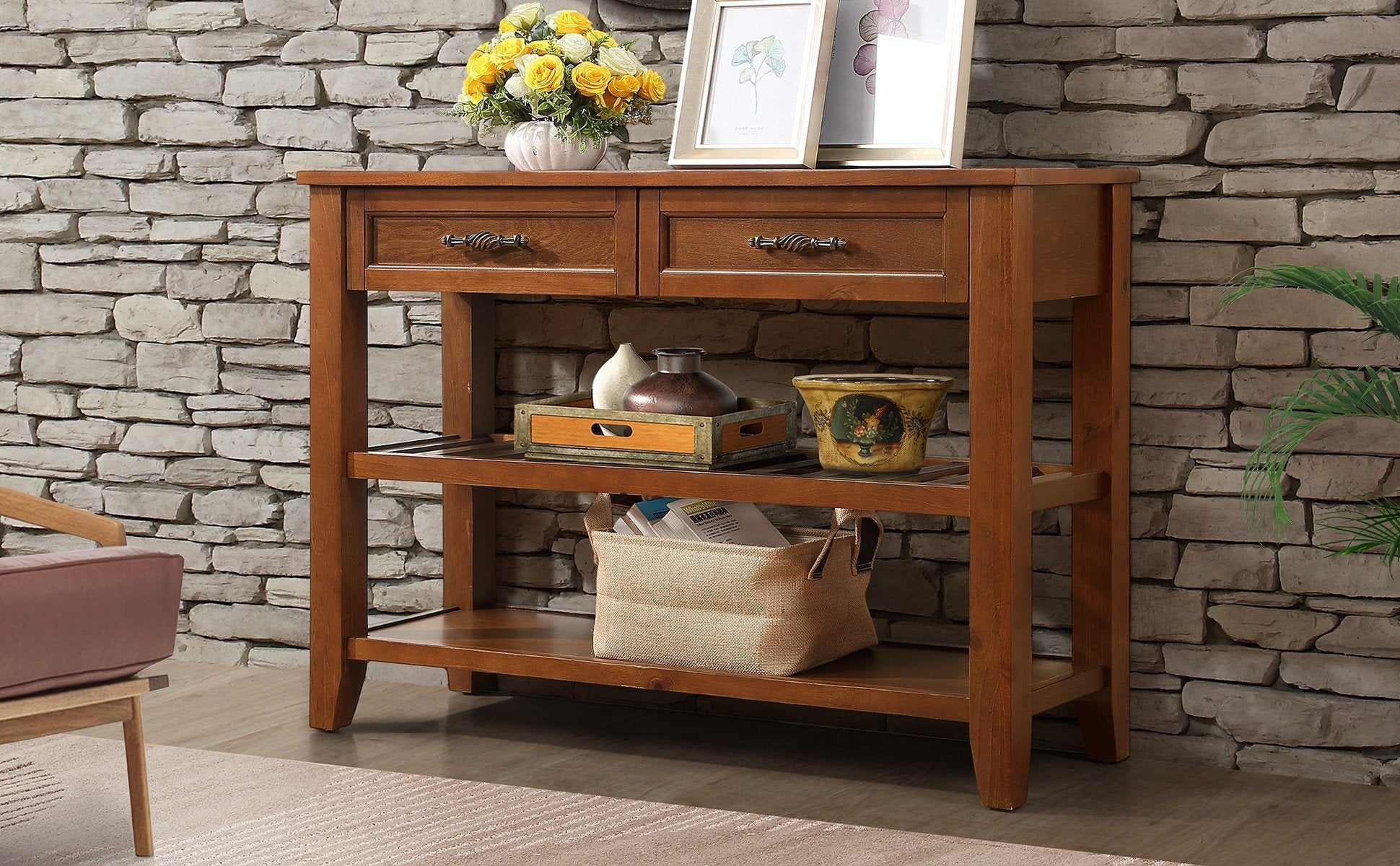 Console Sofa Table With 2 Storage Drawers And 2 Tiers Shelves, Mid Century Style 42'' Solid Wood Buffet Sideboard For Living Room Furniture Kitchen Dining Room Entryway Hallway, Brown Brown Pine