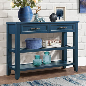 Console Sofa Table With 2 Storage Drawers And 2 Tiers Shelves, Mid Century Style 42'' Solid Wood Buffet Sideboard For Living Room Furniture Kitchen Dining Room Entryway Hallway,Navy Blue Navy Blue Pine