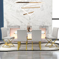 7 Piece Modern Dining Table Set, Rectangular Marble Texture Kitchen Table And 6 Pu Leather Chairs With X Shaped Gold Steel Pipe Legs For Dining Room White White Mdf Steel