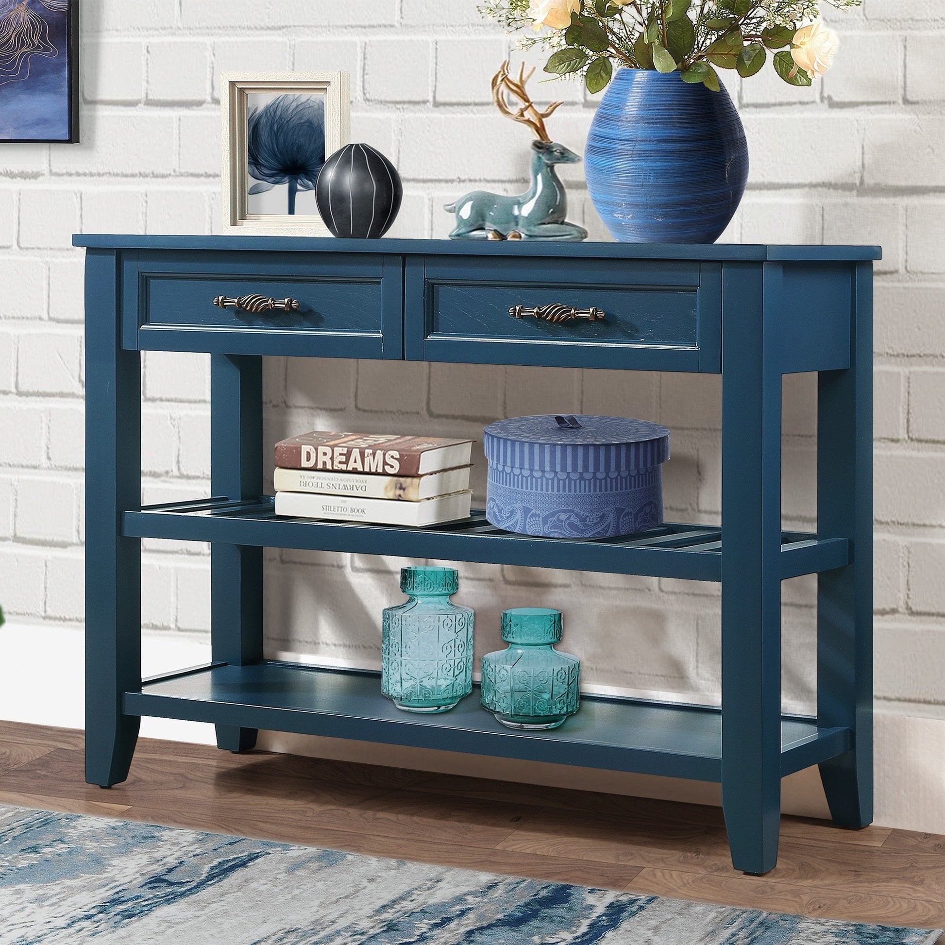 Console Sofa Table With 2 Storage Drawers And 2 Tiers Shelves, Mid Century Style 42'' Solid Wood Buffet Sideboard For Living Room Furniture Kitchen Dining Room Entryway Hallway,Navy Blue Navy Blue Pine