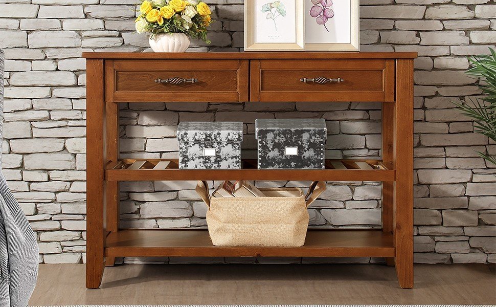 Console Sofa Table With 2 Storage Drawers And 2 Tiers Shelves, Mid Century Style 42'' Solid Wood Buffet Sideboard For Living Room Furniture Kitchen Dining Room Entryway Hallway, Brown Brown Pine