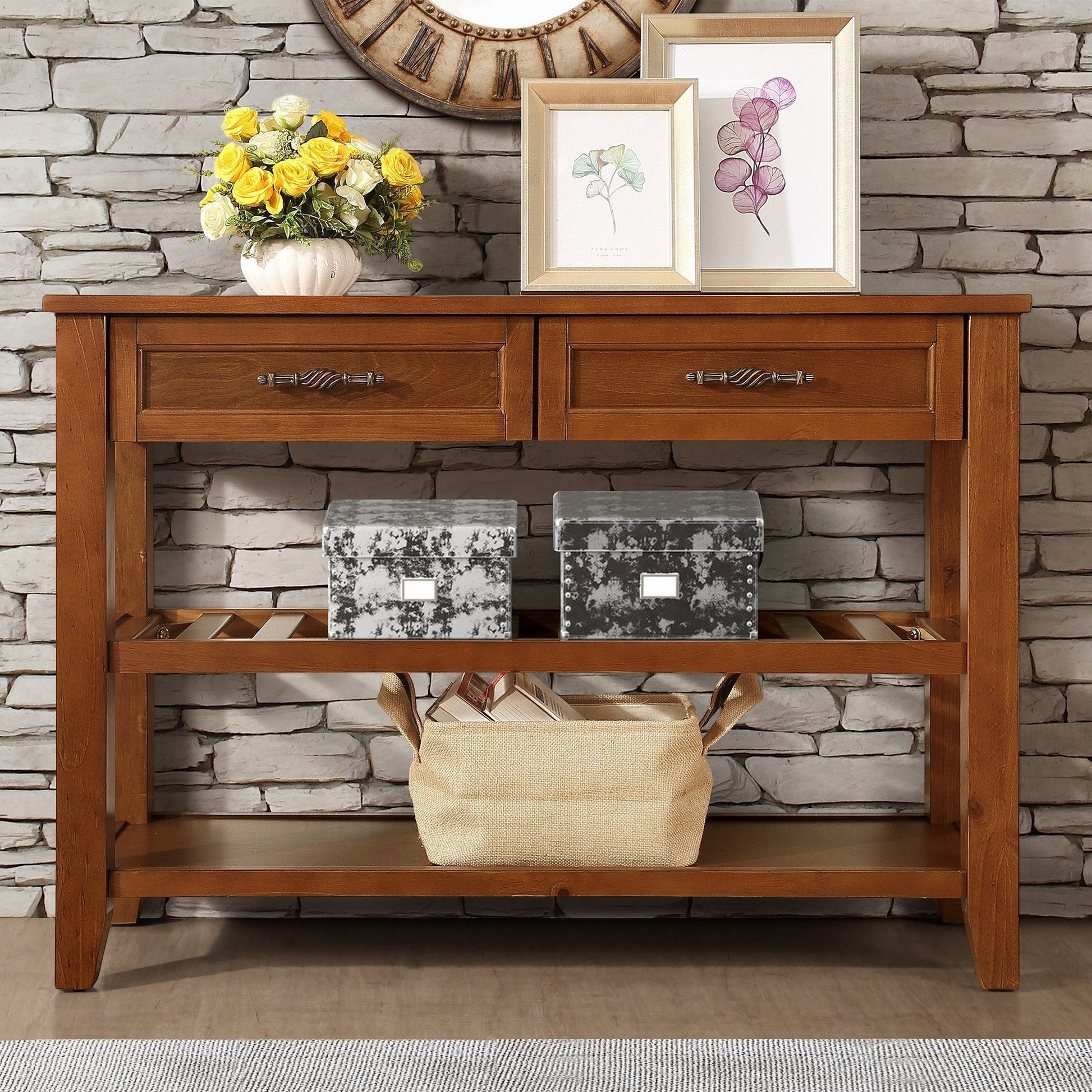 Console Sofa Table With 2 Storage Drawers And 2 Tiers Shelves, Mid Century Style 42'' Solid Wood Buffet Sideboard For Living Room Furniture Kitchen Dining Room Entryway Hallway, Brown Brown Pine