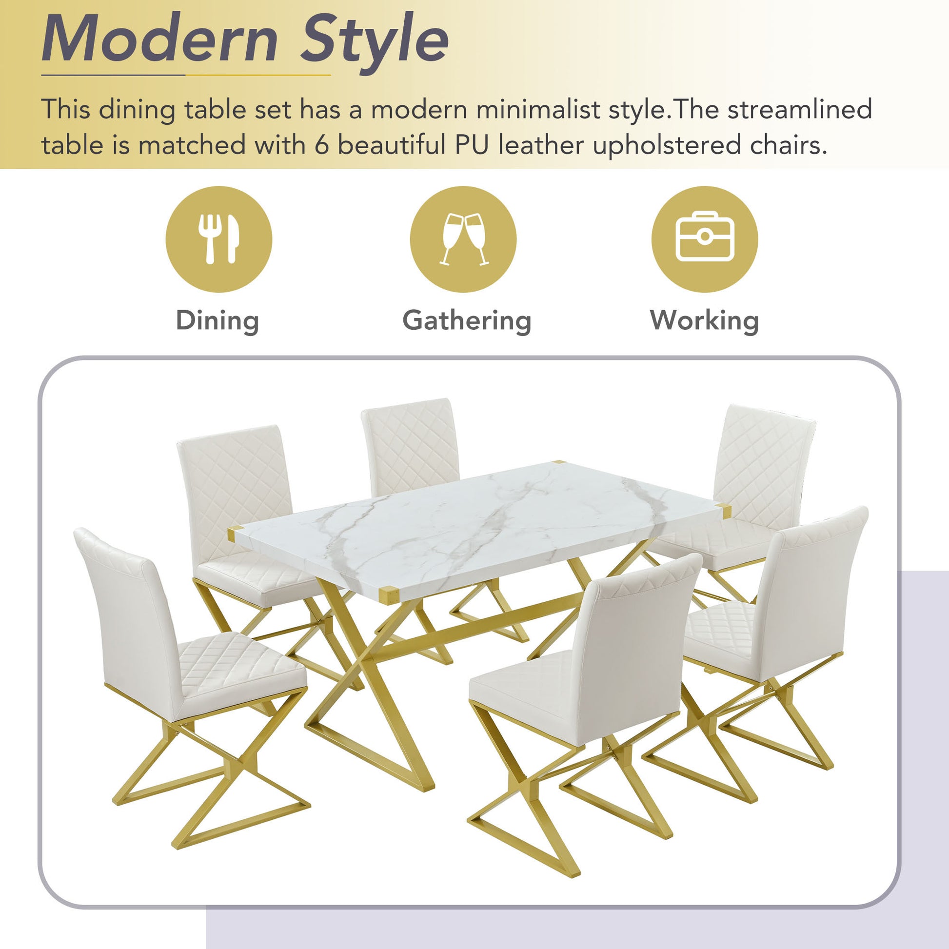 7 Piece Modern Dining Table Set, Rectangular Marble Texture Kitchen Table And 6 Pu Leather Chairs With X Shaped Gold Steel Pipe Legs For Dining Room White White Mdf Steel