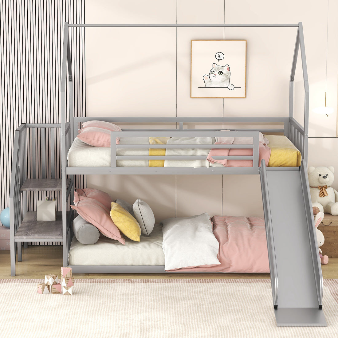 Twin Over Twin Metal Bunk Bed House Bed With Slide And Staircase, Silver Twin Silver Metal & Wood