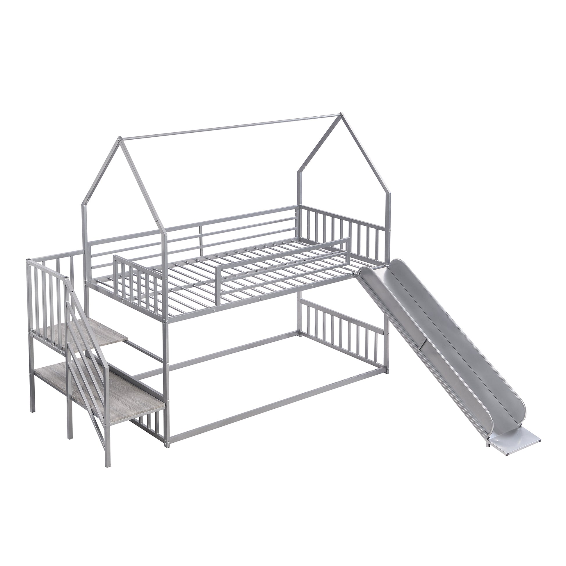 Twin Over Twin Metal Bunk Bed House Bed With Slide And Staircase, Silver Twin Silver Metal & Wood