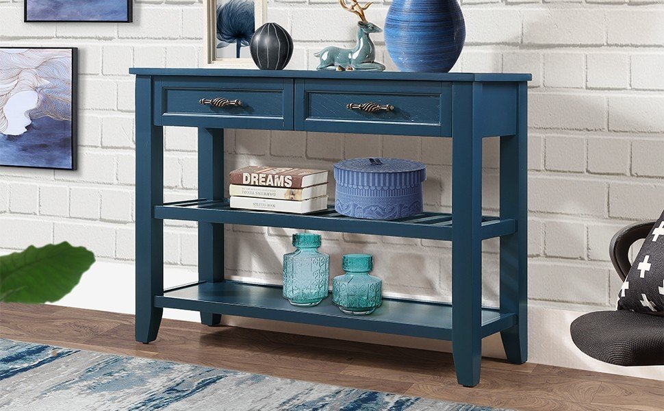 Console Sofa Table With 2 Storage Drawers And 2 Tiers Shelves, Mid Century Style 42'' Solid Wood Buffet Sideboard For Living Room Furniture Kitchen Dining Room Entryway Hallway,Navy Blue Navy Blue Pine