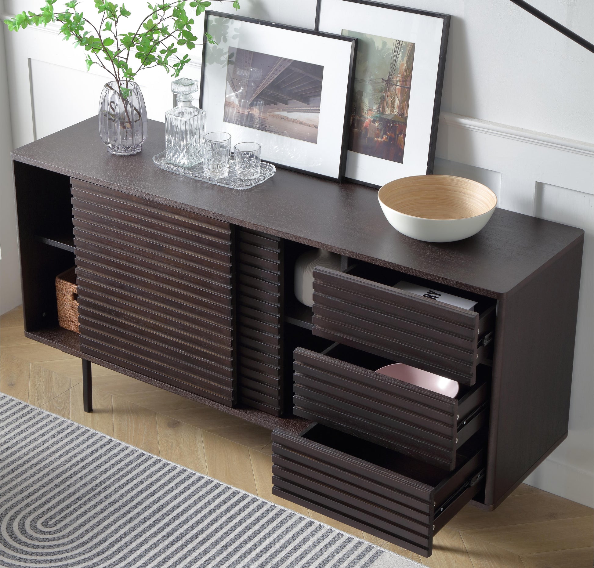 Combo Mid Century Sideboard Buffet Table Or Tv Stand With Storage For Living Room Kitchen Walnut Wood Stainless Steel