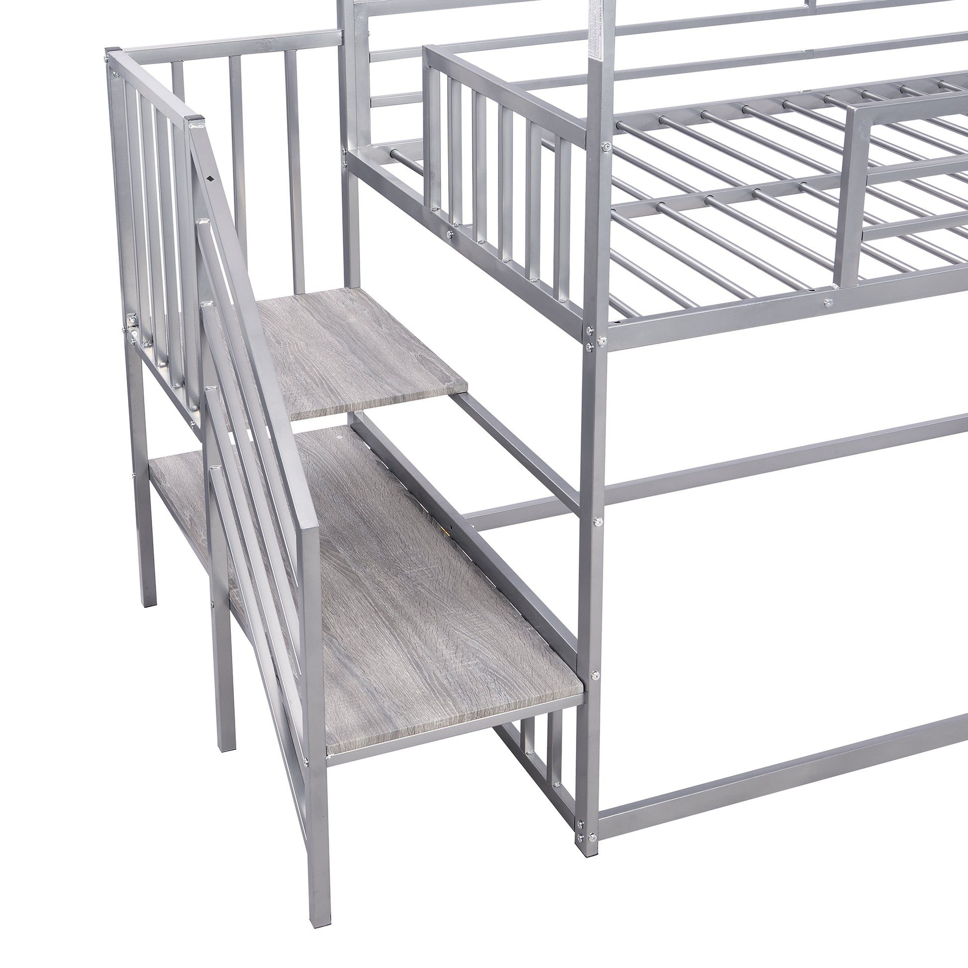 Twin Over Twin Metal Bunk Bed House Bed With Slide And Staircase, Silver Twin Silver Metal & Wood