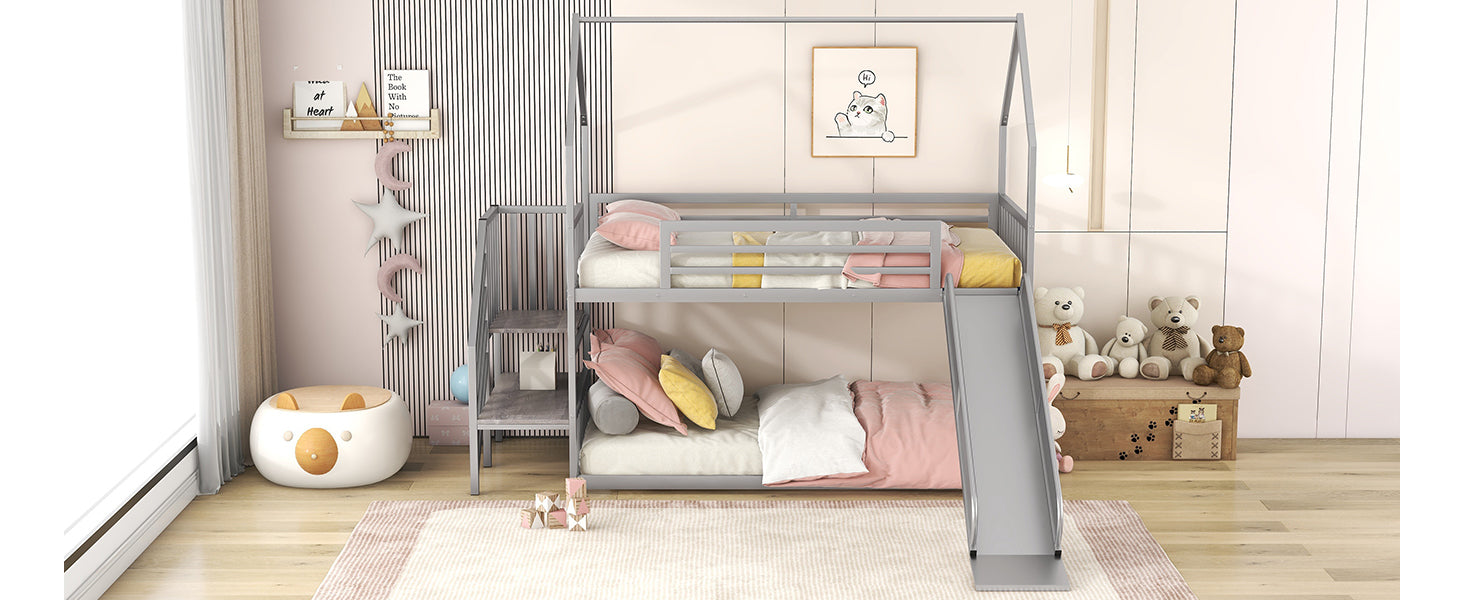 Twin Over Twin Metal Bunk Bed House Bed With Slide And Staircase, Silver Twin Silver Metal & Wood