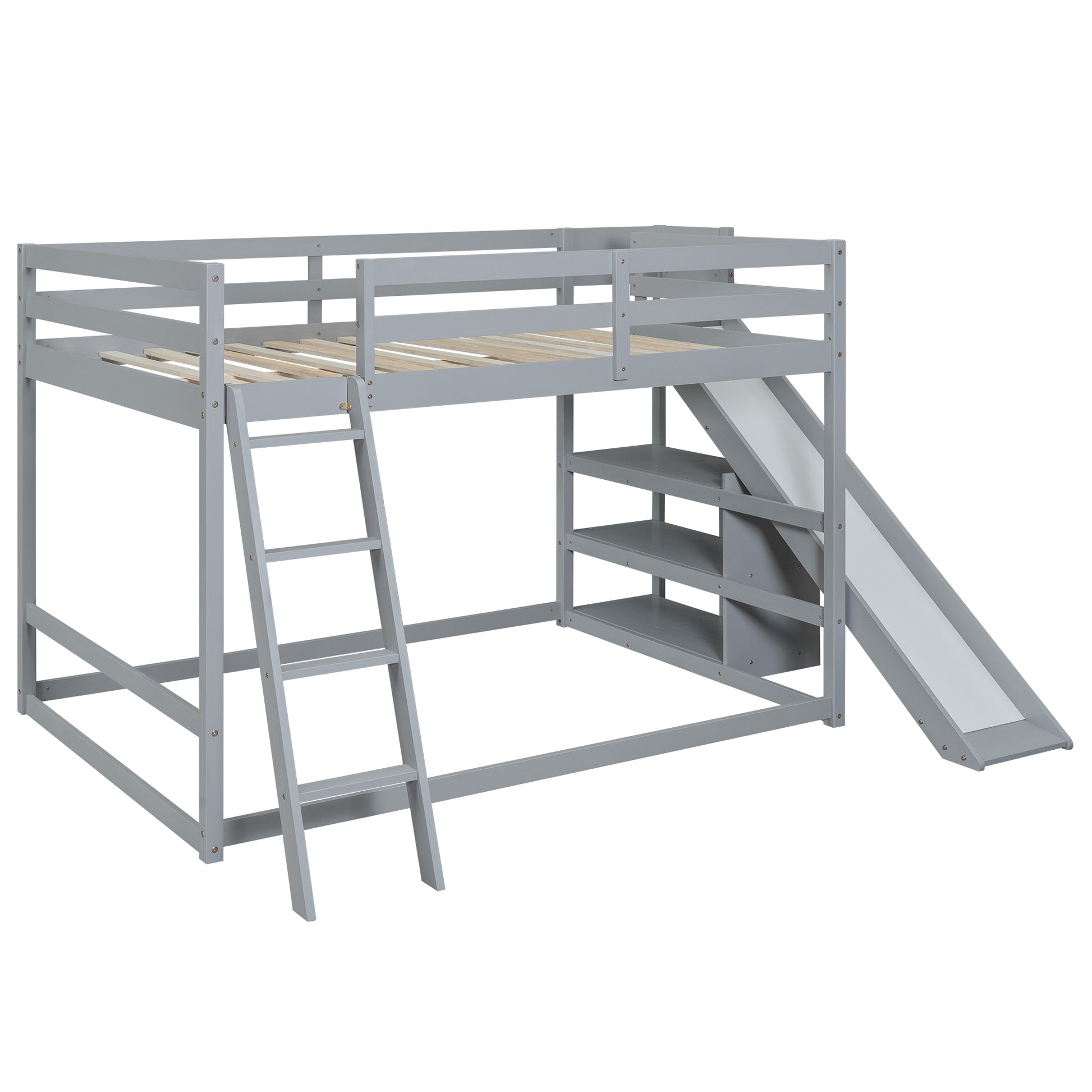 Full Over Full Bunk Bed With Ladder, Slide And Shelves, Gray Gray Pine
