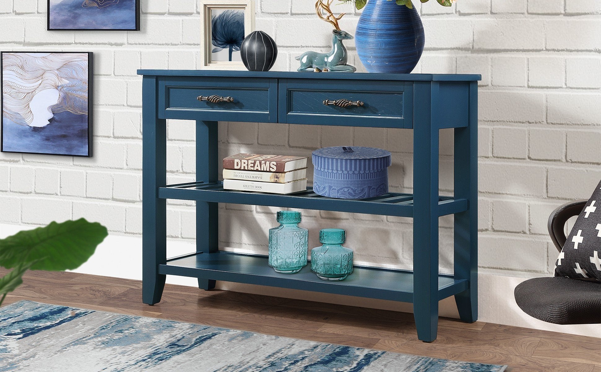 Console Sofa Table With 2 Storage Drawers And 2 Tiers Shelves, Mid Century Style 42'' Solid Wood Buffet Sideboard For Living Room Furniture Kitchen Dining Room Entryway Hallway,Navy Blue Navy Blue Pine