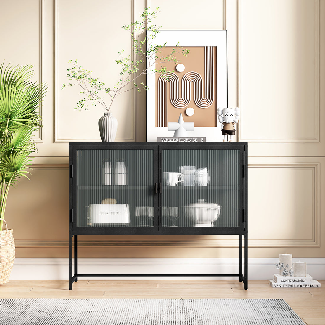 43.31"Glass Doors Modern MDF Cabinet with Featuring matte black-mdf