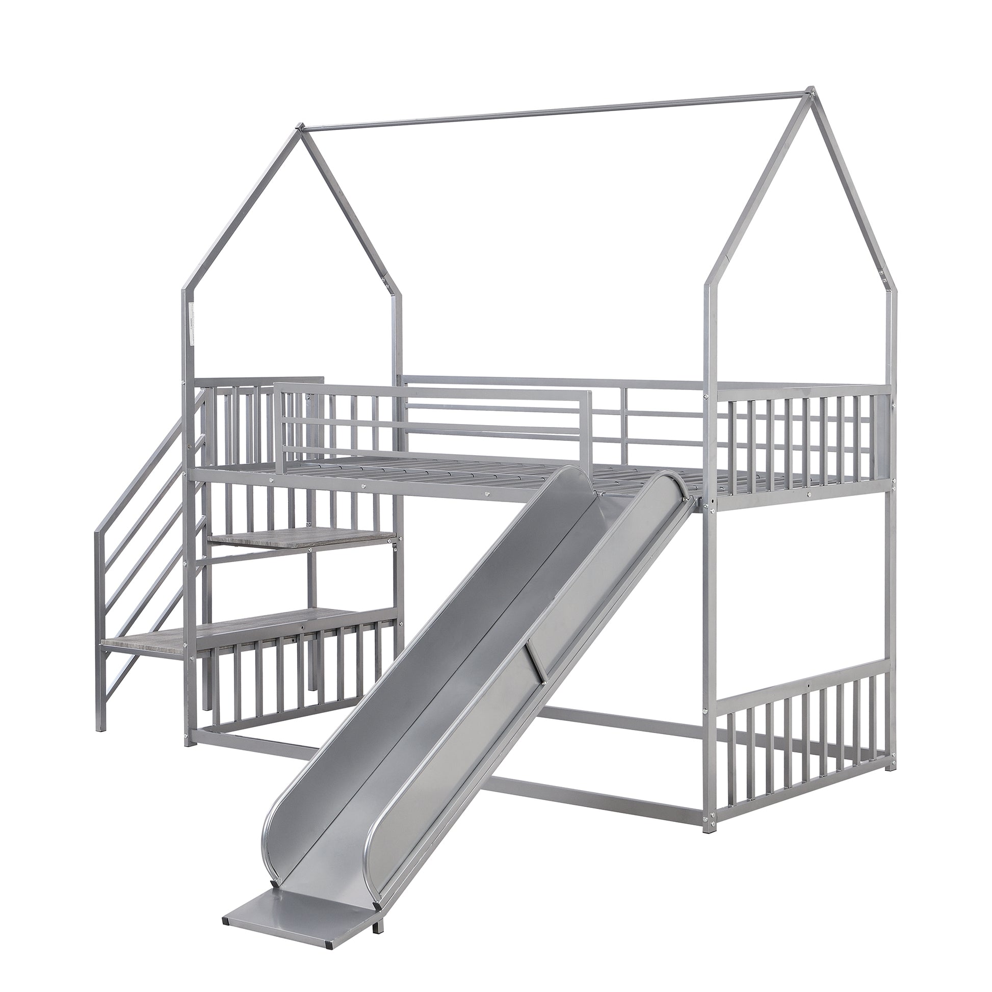 Twin Over Twin Metal Bunk Bed House Bed With Slide And Staircase, Silver Twin Silver Metal & Wood