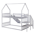 Twin Over Twin Metal Bunk Bed House Bed With Slide And Staircase, Silver Twin Silver Metal & Wood