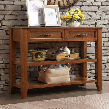 Console Sofa Table With 2 Storage Drawers And 2 Tiers Shelves, Mid Century Style 42'' Solid Wood Buffet Sideboard For Living Room Furniture Kitchen Dining Room Entryway Hallway, Brown Brown Pine