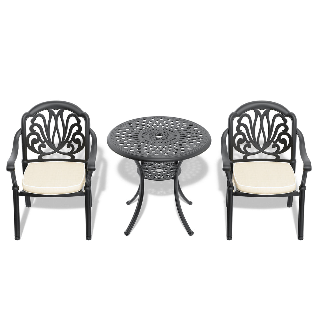 Cushions In Random Colors 3 Piece Set Of Cast Aluminum Patio Furniture With Cushions Yes Dining Set Black Seats 2 Rust Resistant Frame Water Resistant Cushion Garden & Outdoor Complete Patio Sets Aluminium