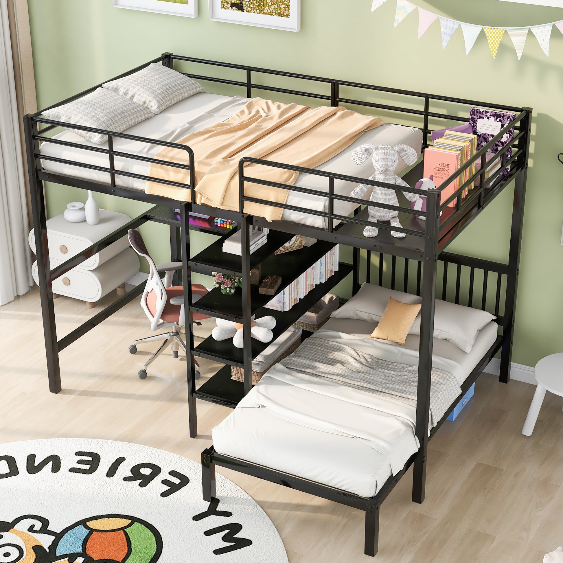 Full Over Twin Metal Bunk Bed With Built In Desk, Shelves And Ladder, Black Full Black Metal & Wood