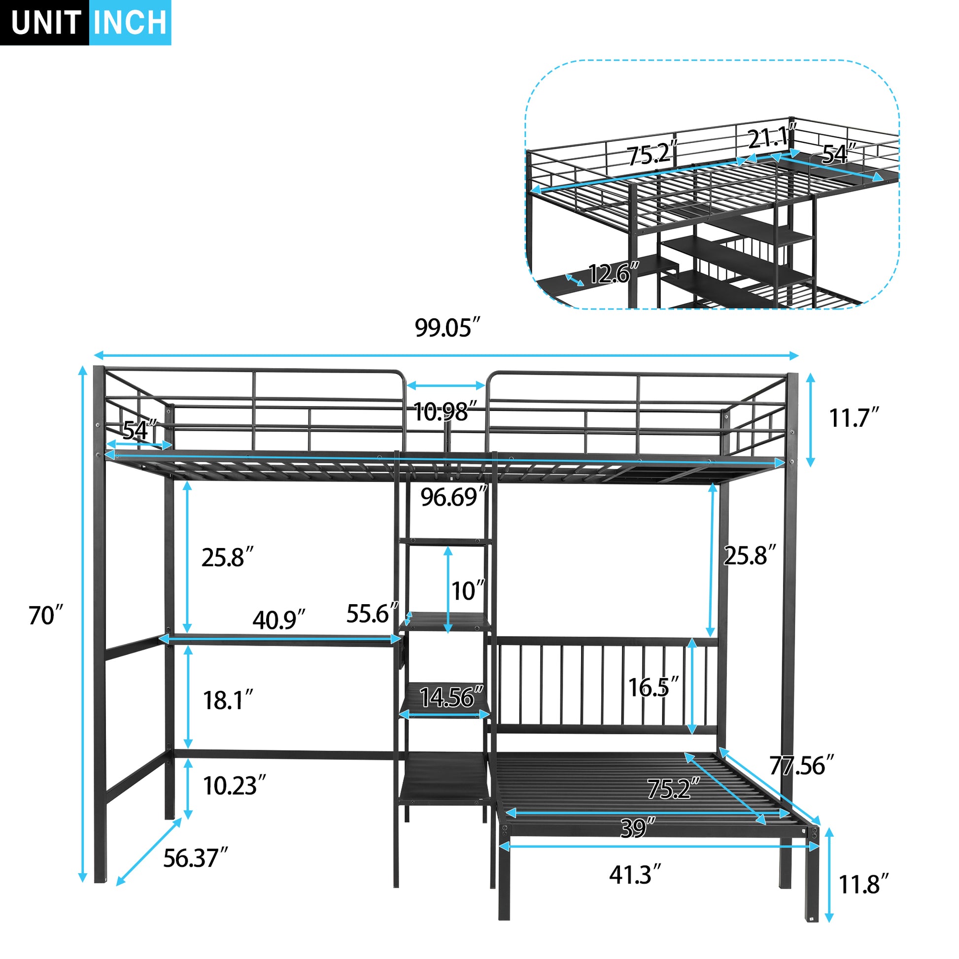 Full Over Twin Metal Bunk Bed With Built In Desk, Shelves And Ladder, Black Full Black Metal & Wood
