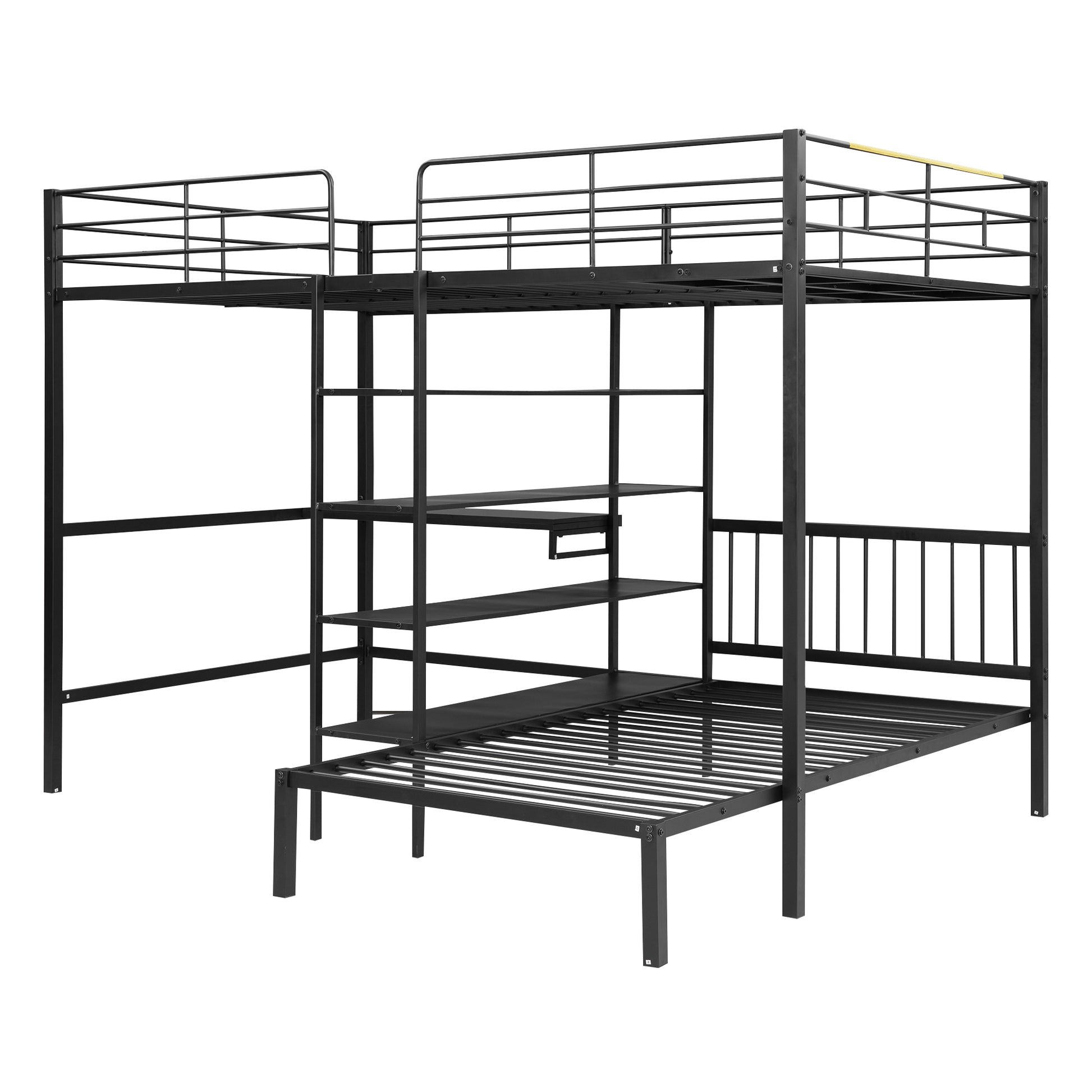 Full Over Twin Metal Bunk Bed With Built In Desk, Shelves And Ladder, Black Full Black Metal & Wood