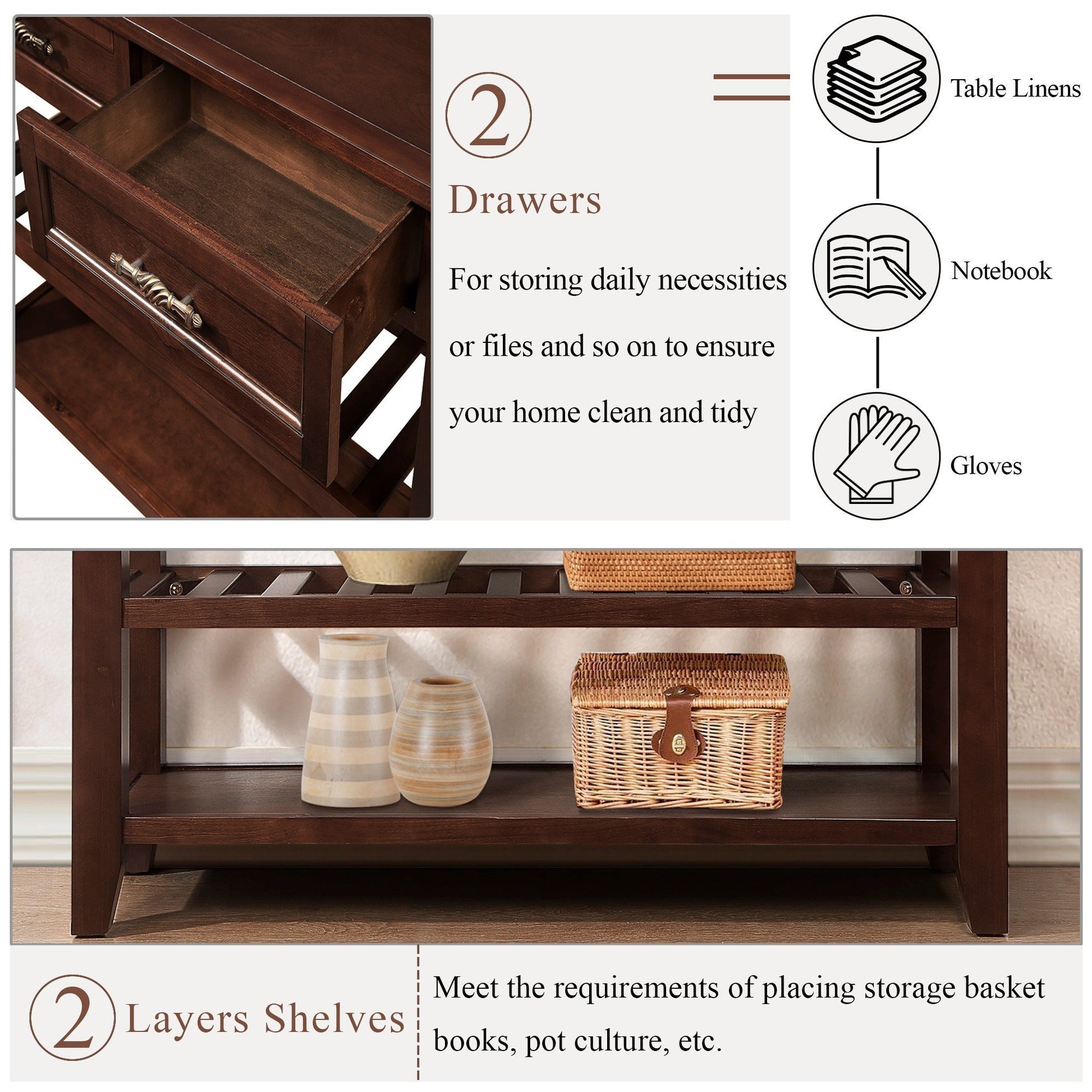 Console Sofa Table With 2 Storage Drawers And 2 Tiers Shelves, Mid Century Style 42'' Solid Wood Buffet Sideboard For Living Room Furniture Kitchen Dining Room Entryway Hallway, Espresso Espresso Pine