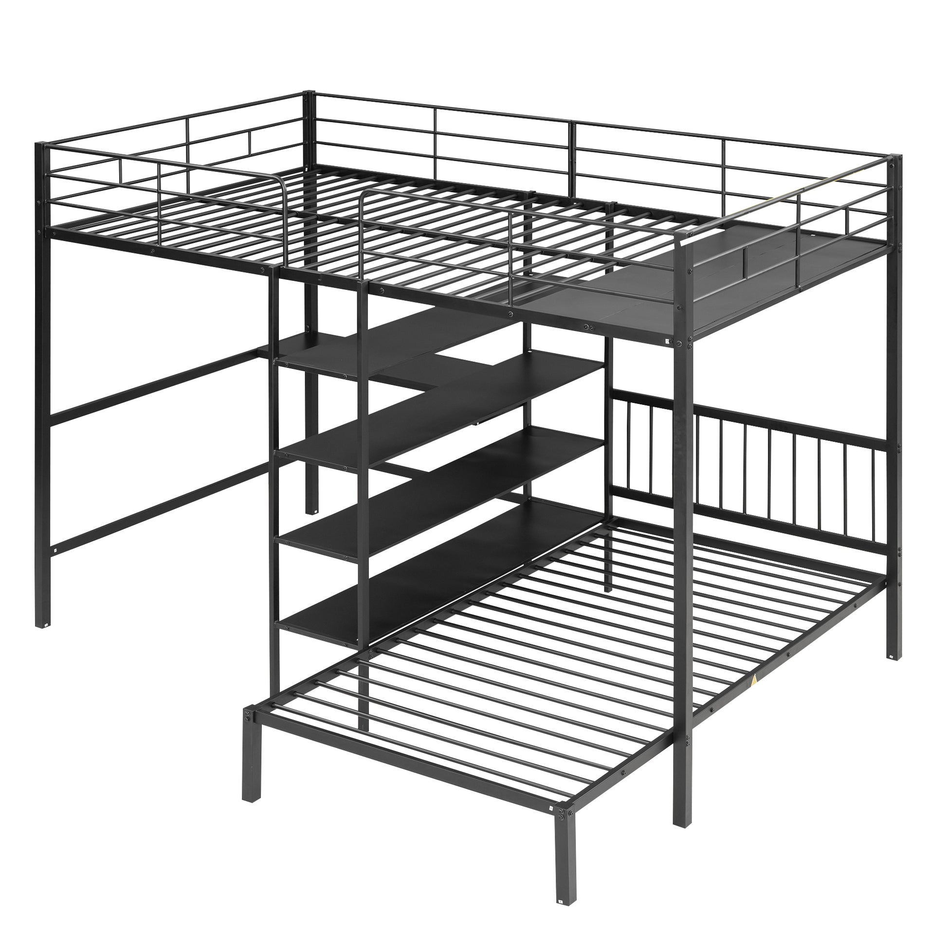 Full Over Twin Metal Bunk Bed With Built In Desk, Shelves And Ladder, Black Full Black Metal & Wood