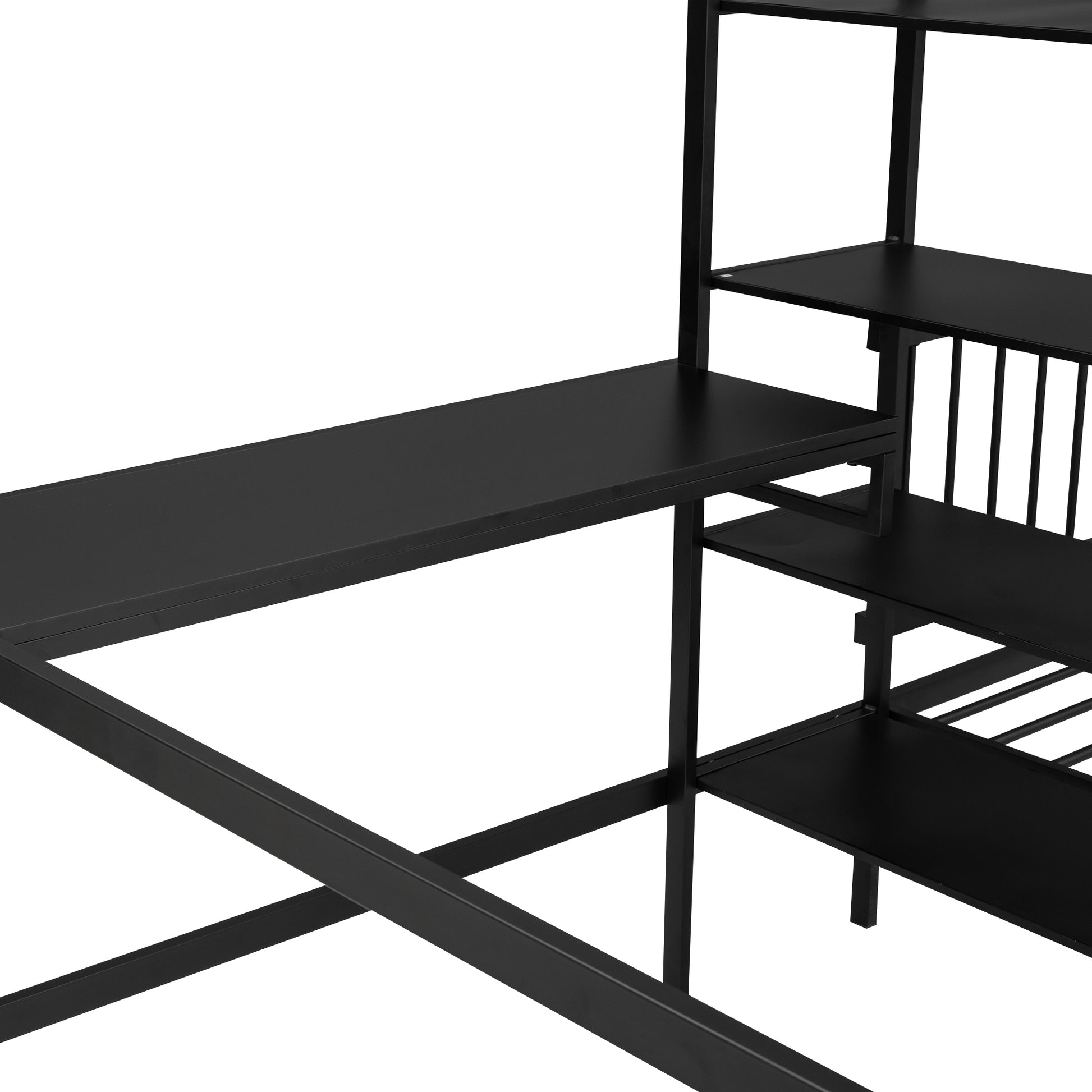 Full Over Twin Metal Bunk Bed With Built In Desk, Shelves And Ladder, Black Full Black Metal & Wood