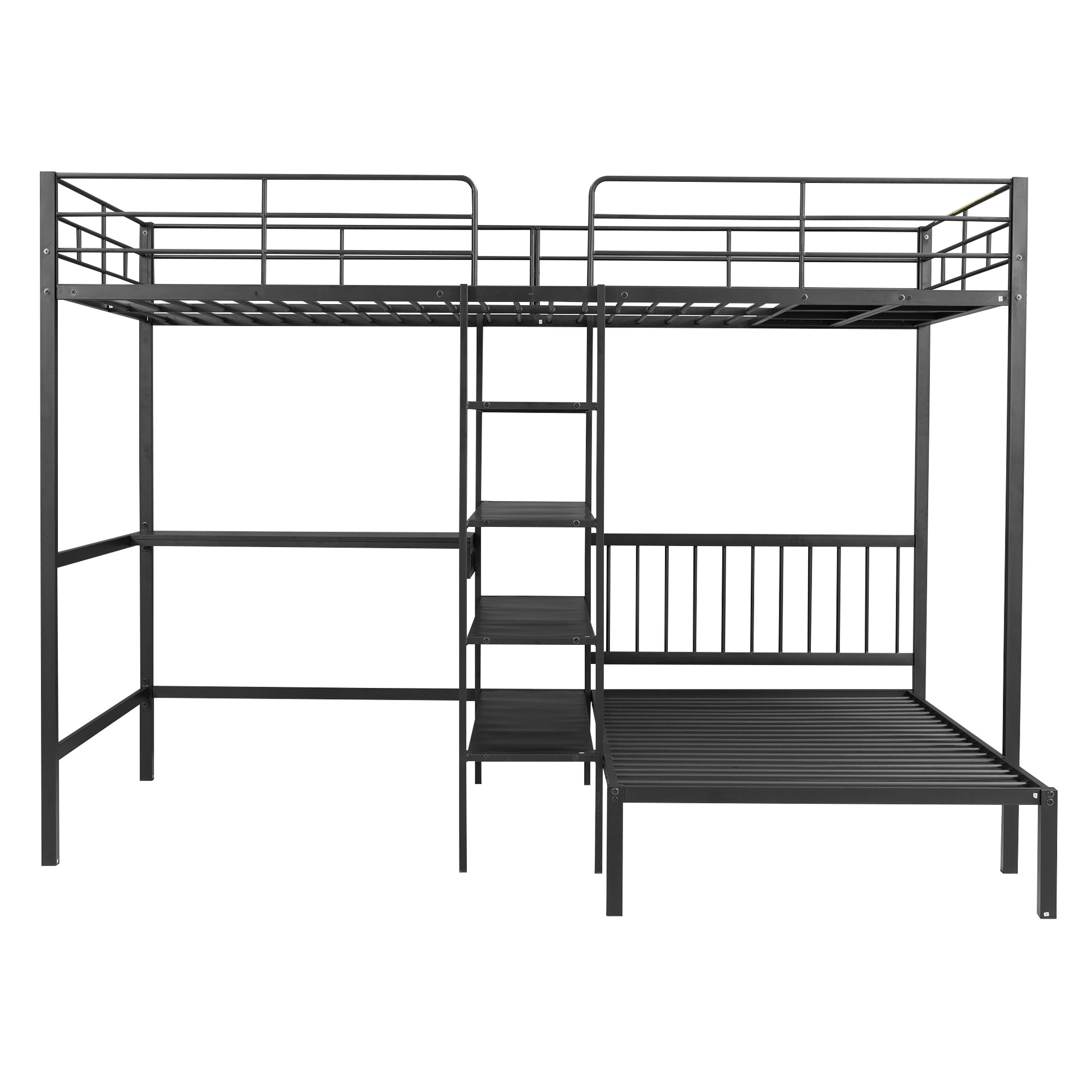 Full Over Twin Metal Bunk Bed With Built In Desk, Shelves And Ladder, Black Full Black Metal & Wood