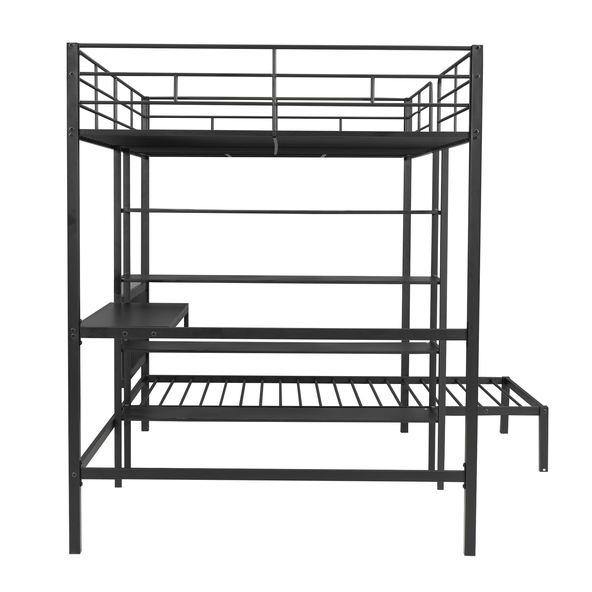 Full Over Twin Metal Bunk Bed With Built In Desk, Shelves And Ladder, Black Full Black Metal & Wood