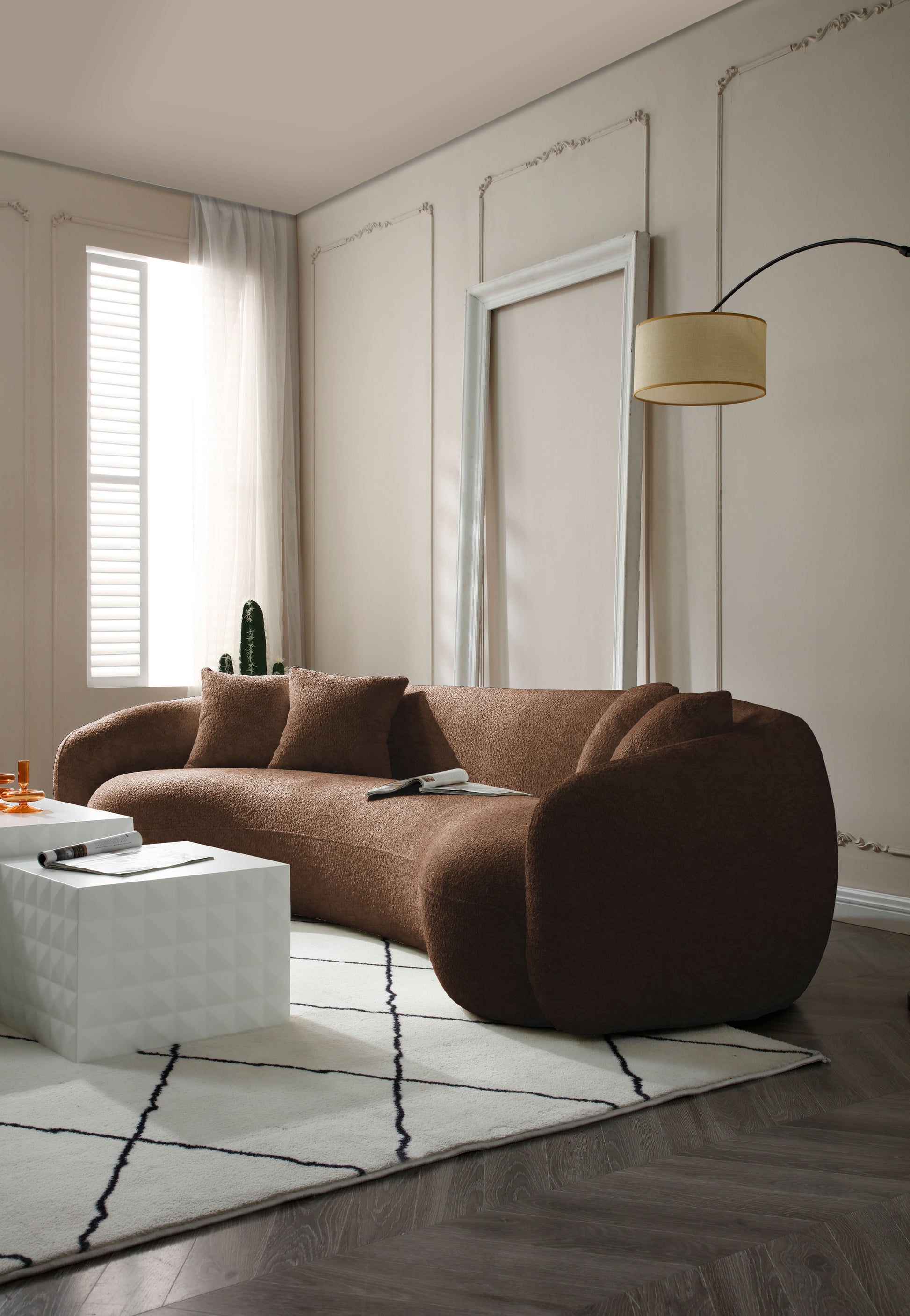 102'' 5 Seater Boucle Sofa Modern Sectional Half Moon Leisure Couch Curved Sofa Teddy Fleece Brown Brown Boucle 5 Seat