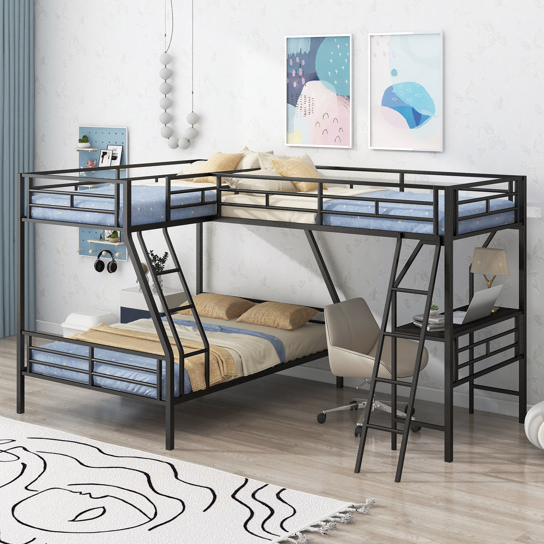 Twin Over Full Bunk Bed With A Twin Size Loft Bed Attached, With A Desk, Metal, Black Black Metal