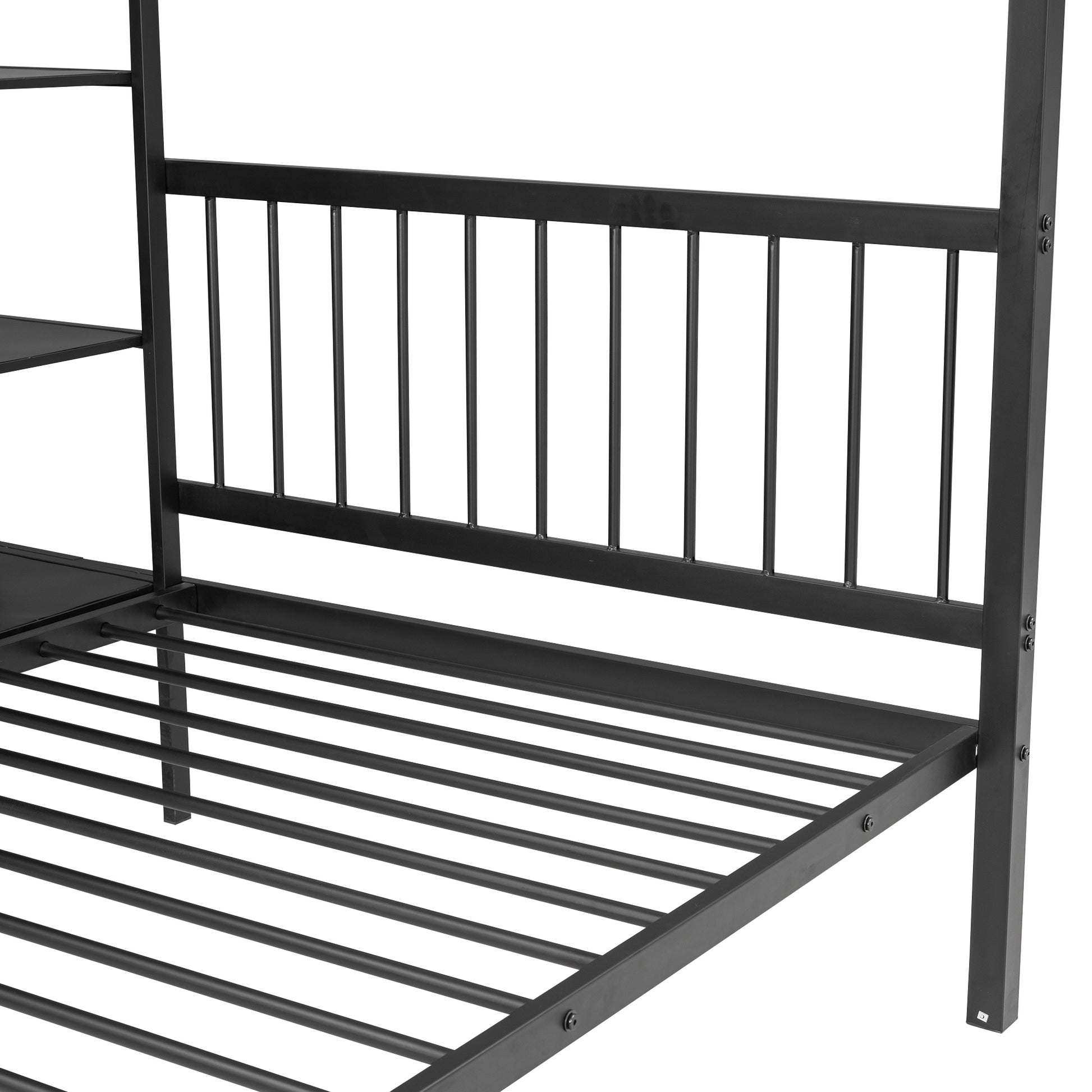Full Over Twin Metal Bunk Bed With Built In Desk, Shelves And Ladder, Black Full Black Metal & Wood