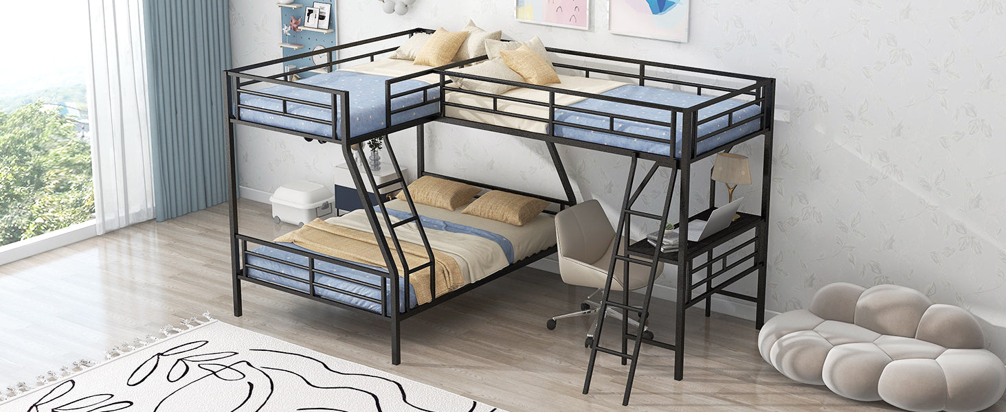 Twin Over Full Bunk Bed With A Twin Size Loft Bed Attached, With A Desk, Metal, Black Black Metal