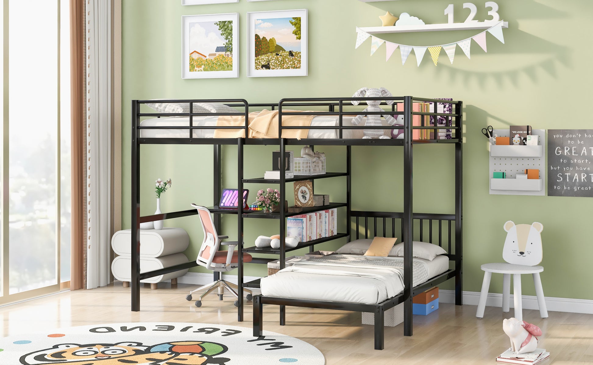 Full Over Twin Metal Bunk Bed With Built In Desk, Shelves And Ladder, Black Full Black Metal & Wood