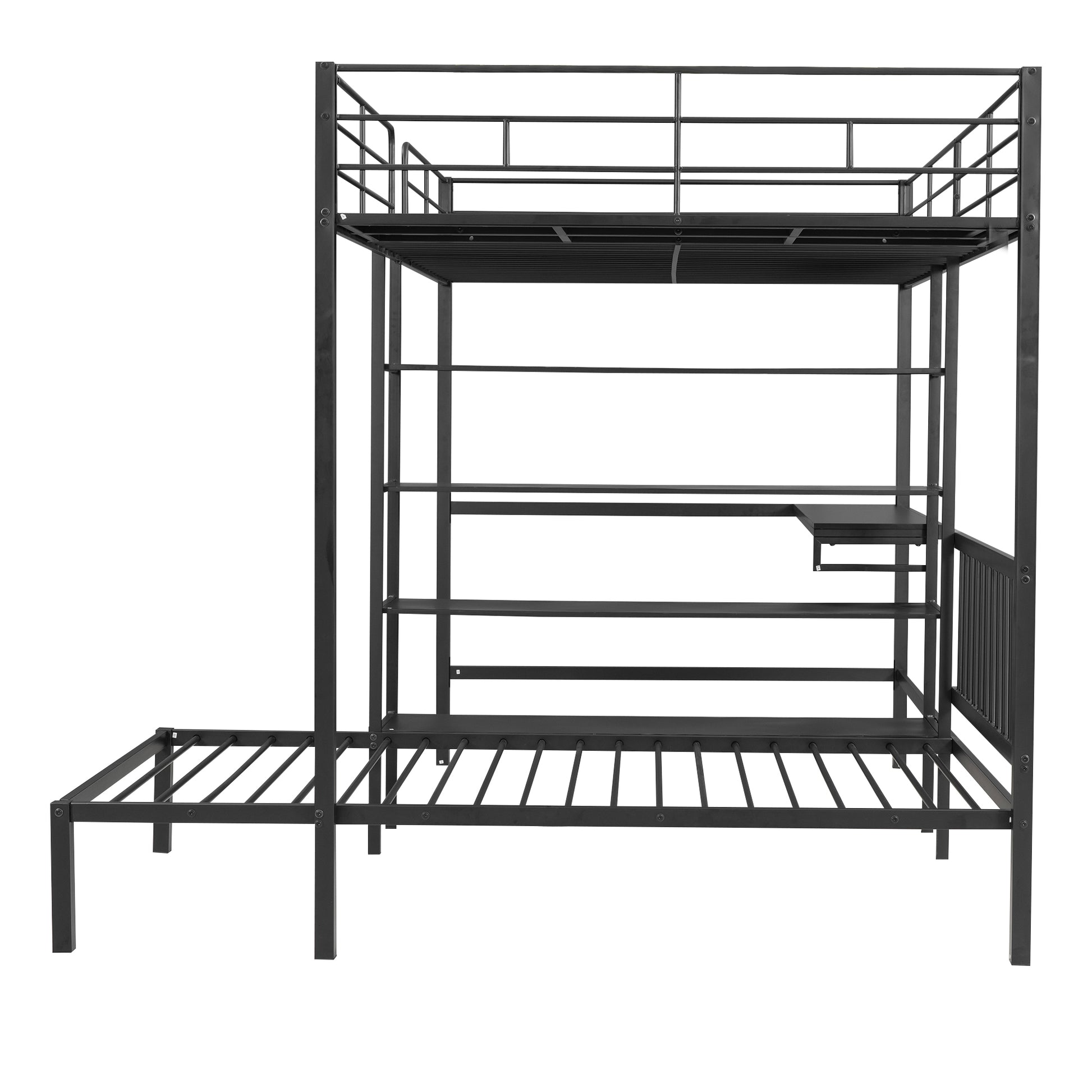Full Over Twin Metal Bunk Bed With Built In Desk, Shelves And Ladder, Black Full Black Metal & Wood