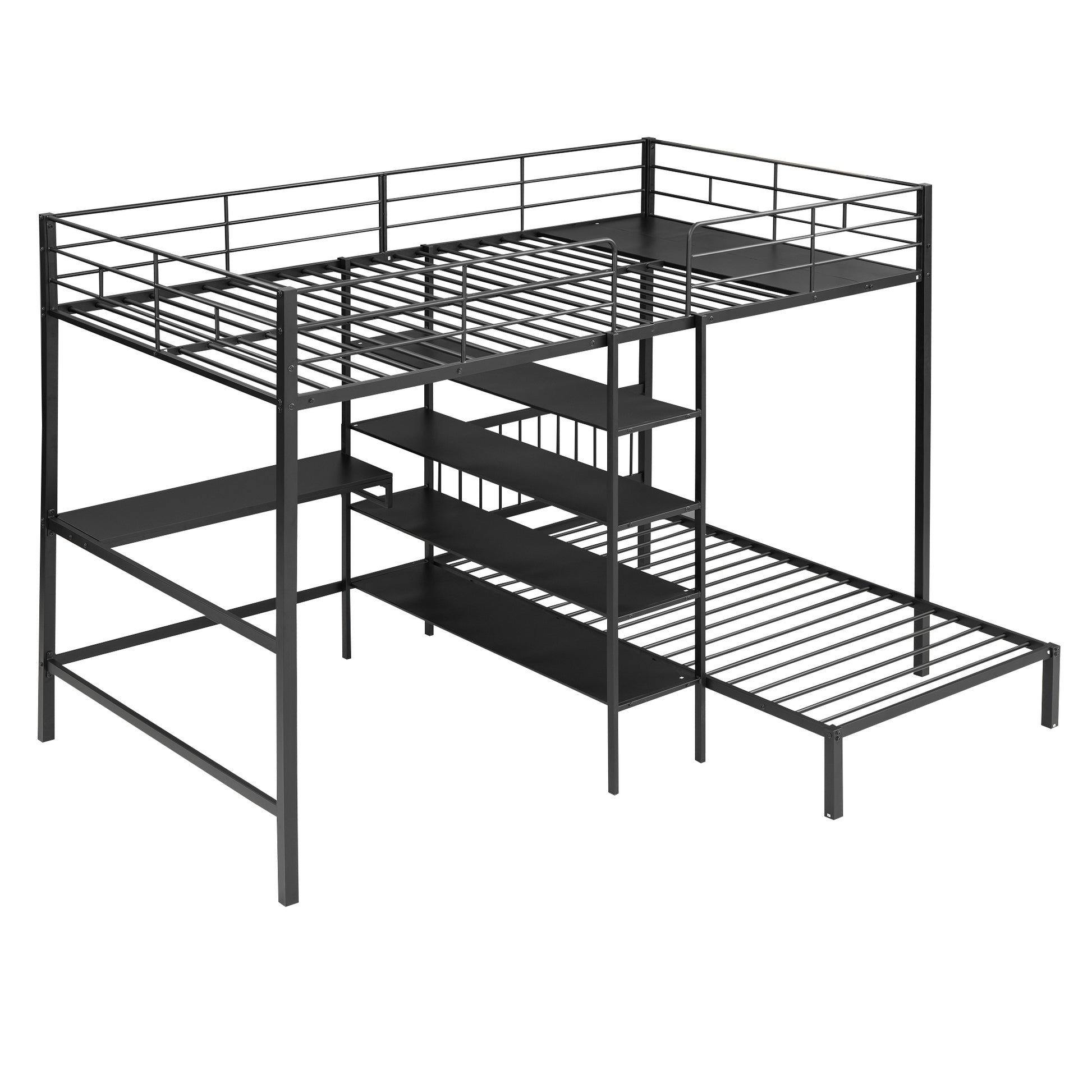 Full Over Twin Metal Bunk Bed With Built In Desk, Shelves And Ladder, Black Full Black Metal & Wood