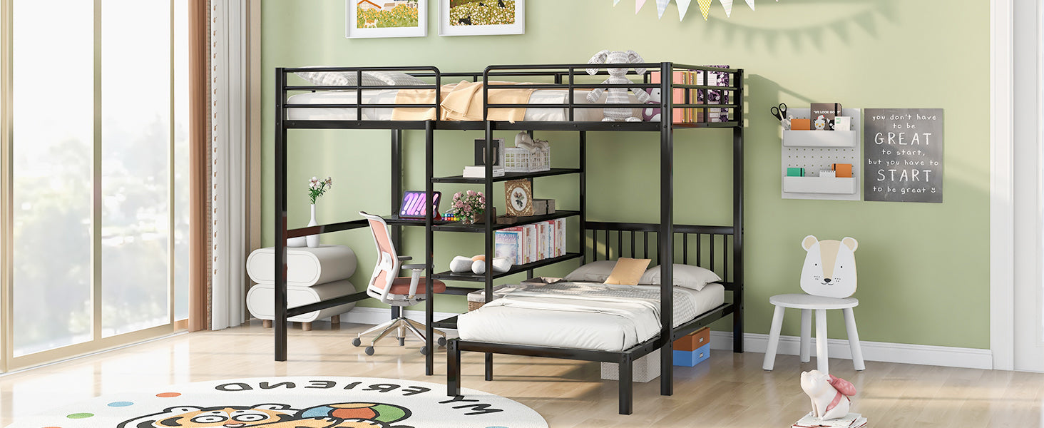 Full Over Twin Metal Bunk Bed With Built In Desk, Shelves And Ladder, Black Full Black Metal & Wood