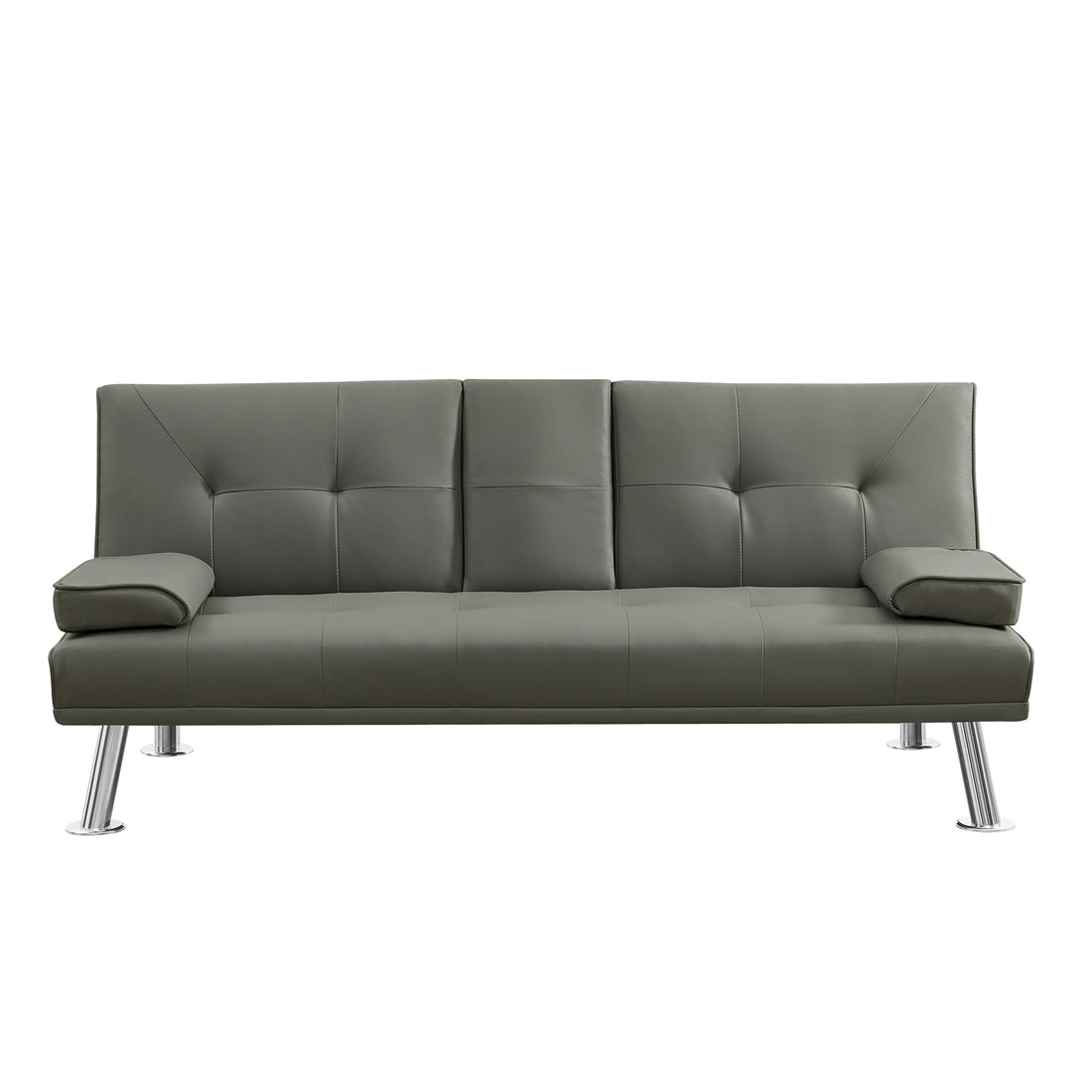 Grey Pu Sofa Bed With Cup Holder Grey Wood Tufted Back Armless Foam Pu 2 Seat