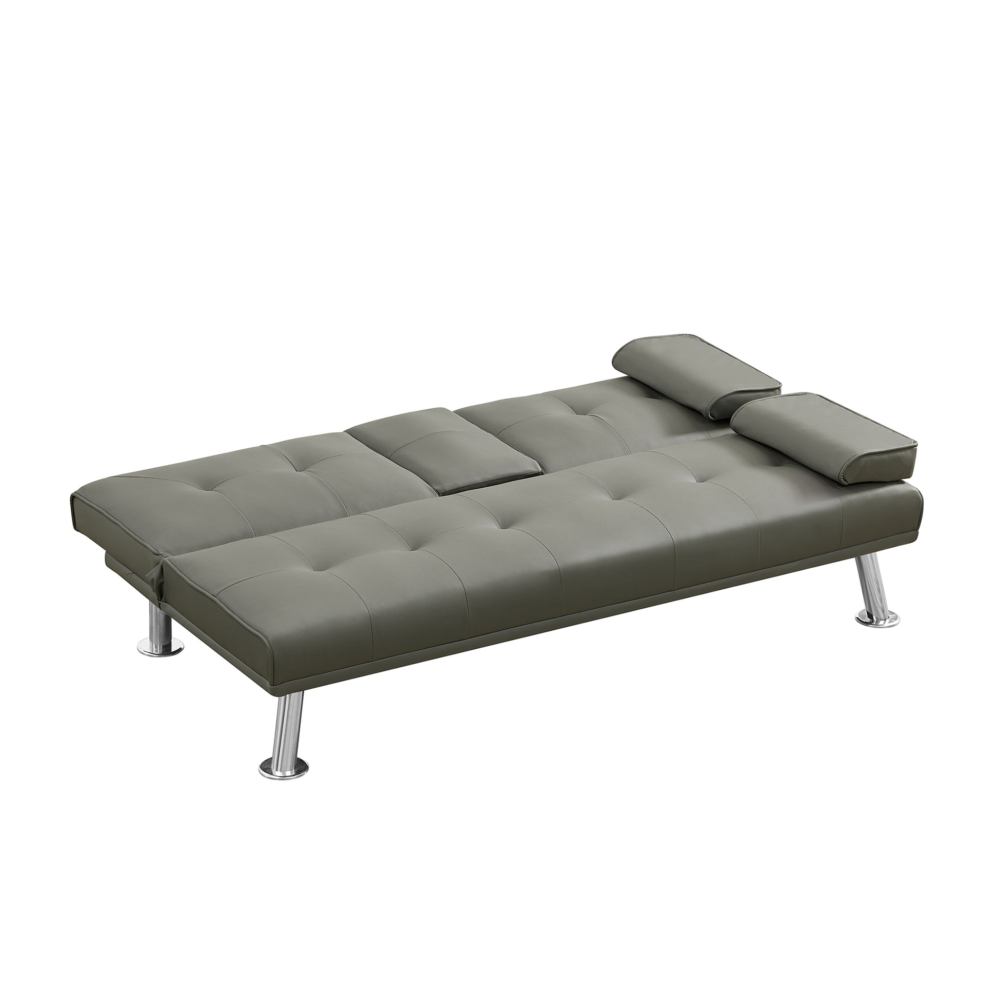 Grey Pu Sofa Bed With Cup Holder Grey Wood Tufted Back Armless Foam Pu 2 Seat