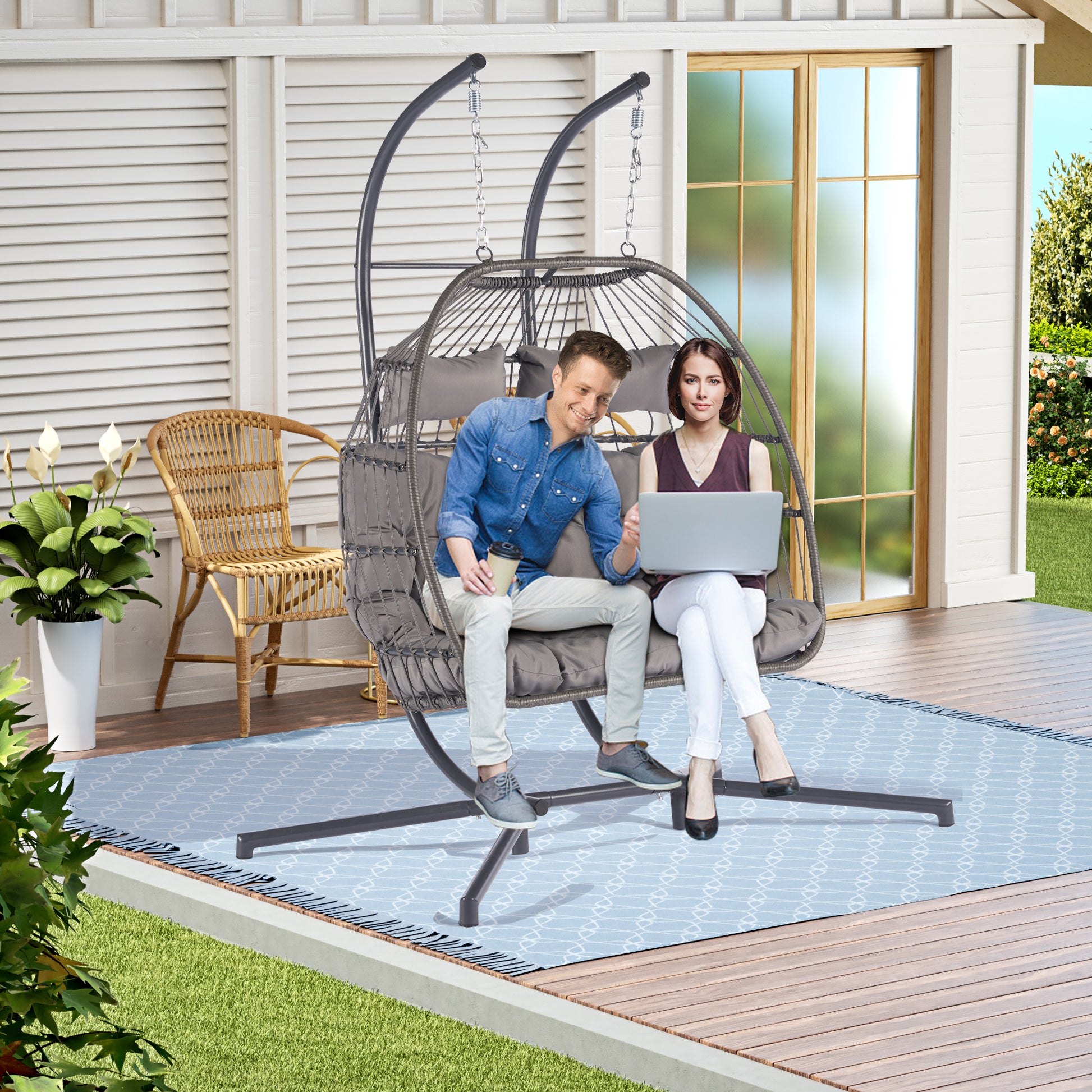 2 Person Outdoor Rattan Hanging Chair Patio Wicker Egg Chair Yes Sectional Light Gray Uv Resistant Frame Water Resistant Cushion Garden & Outdoor American Design 2 Person Seating Group Polyester Rattan