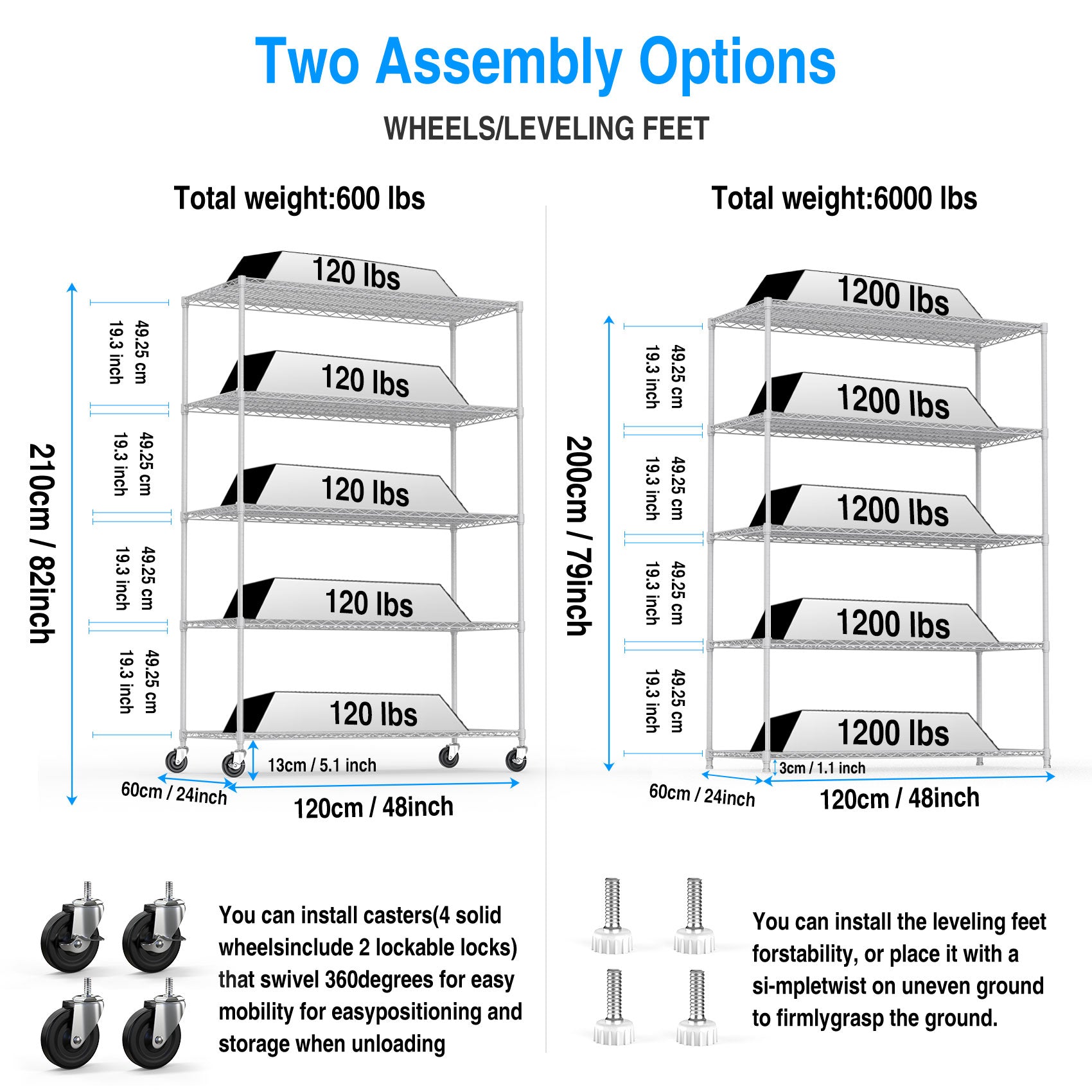 5 Tier 6000Lbs Heavy Duty Adjustable Storage Rack Metal Shelf Wire Shelving Unit With Wheels & Shelf Liners 82" H X 48" L X 24" D White White Iron Plastic