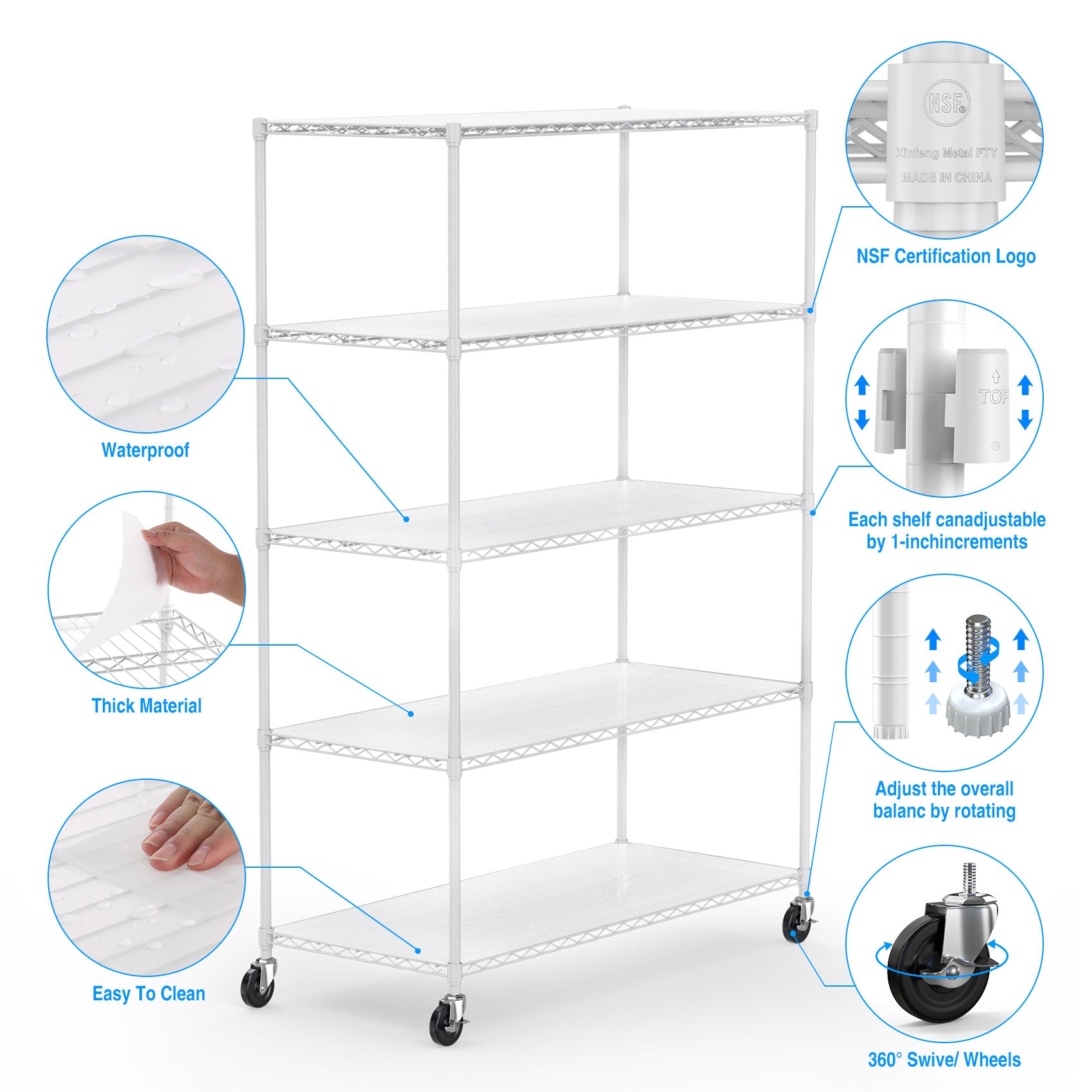 5 Tier 6000Lbs Heavy Duty Adjustable Storage Rack Metal Shelf Wire Shelving Unit With Wheels & Shelf Liners 82" H X 48" L X 24" D White White Iron Plastic